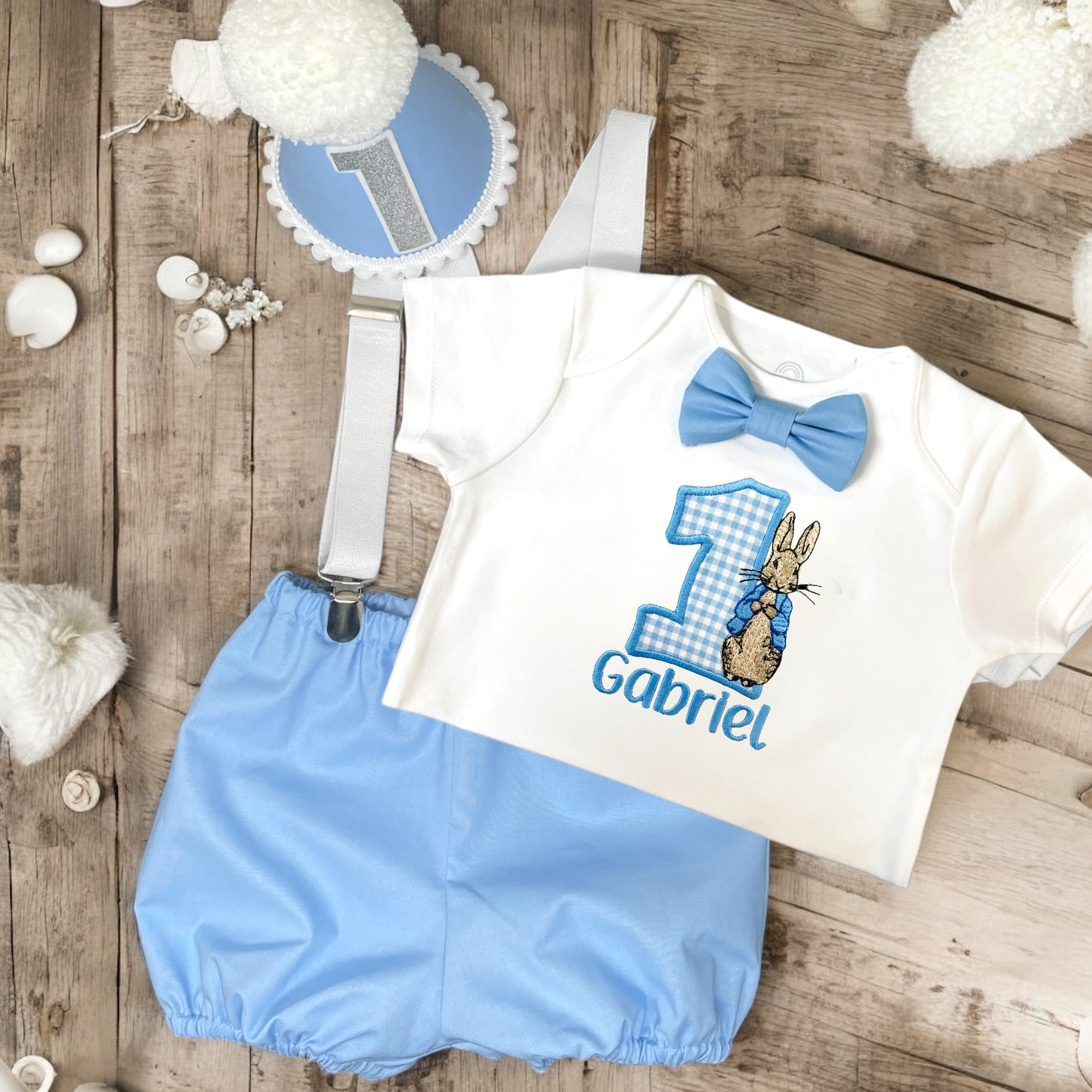 Peter Rabbit Birthday Outfit - Blue Baby Shorts Set With Embroidered Vest & Hat