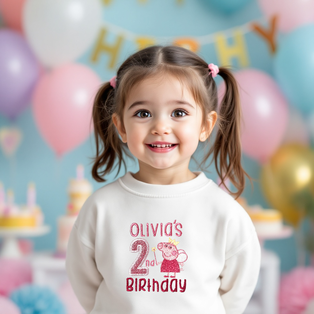 Peppa Birthday T-Shirt or Sweatshirt – Personalised Toddler Birthday Top with Name & Age – Baby Girl Cake Smash Outfit