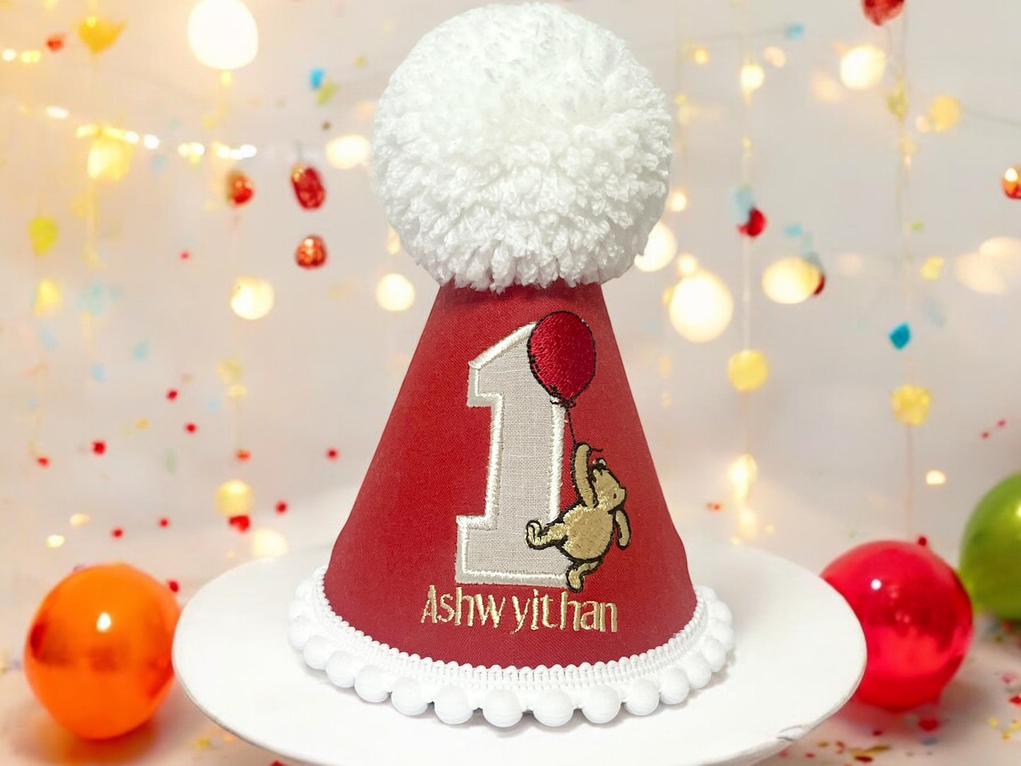 Red Classic Winnie the Pooh Bear Birthday Cake-Smash Party Hat