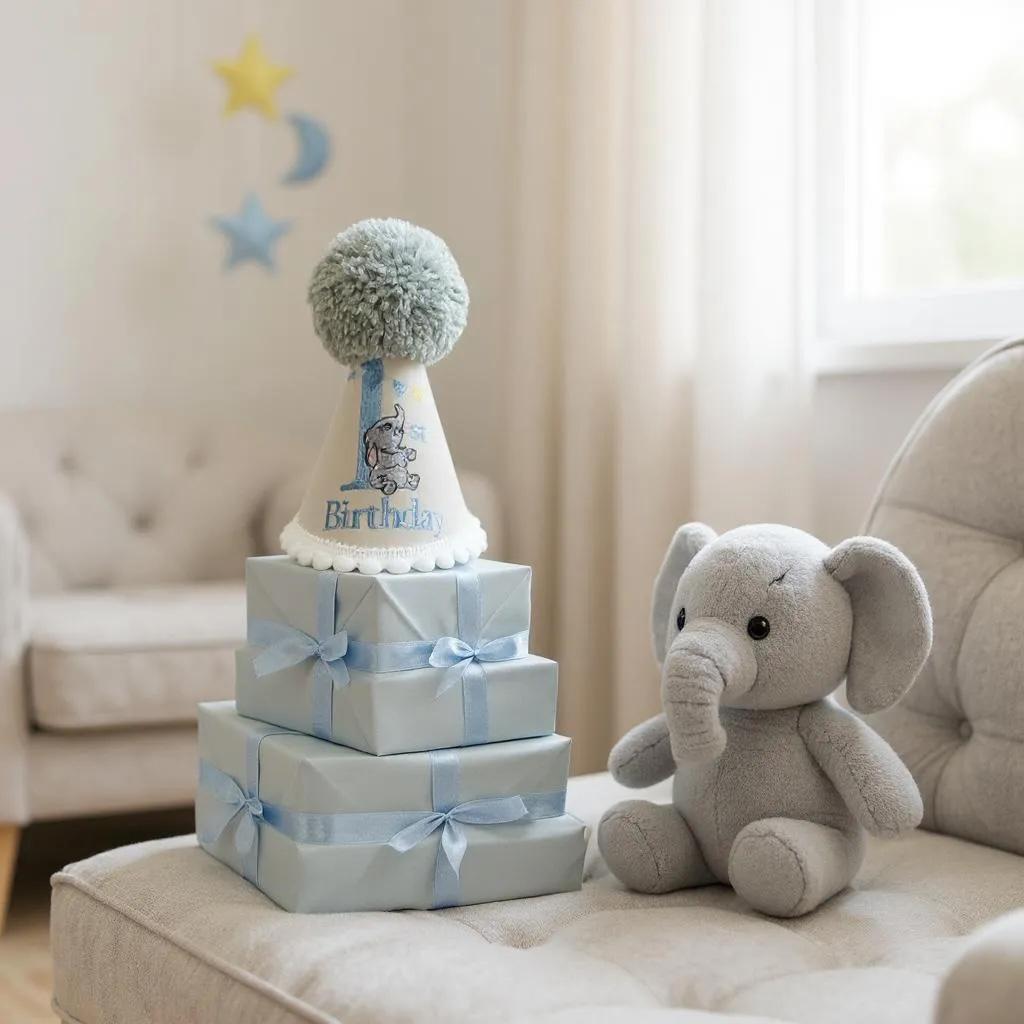 Boys Birthday Party Hat – Embroidered Elephant Cake Smash Keepsake Gift