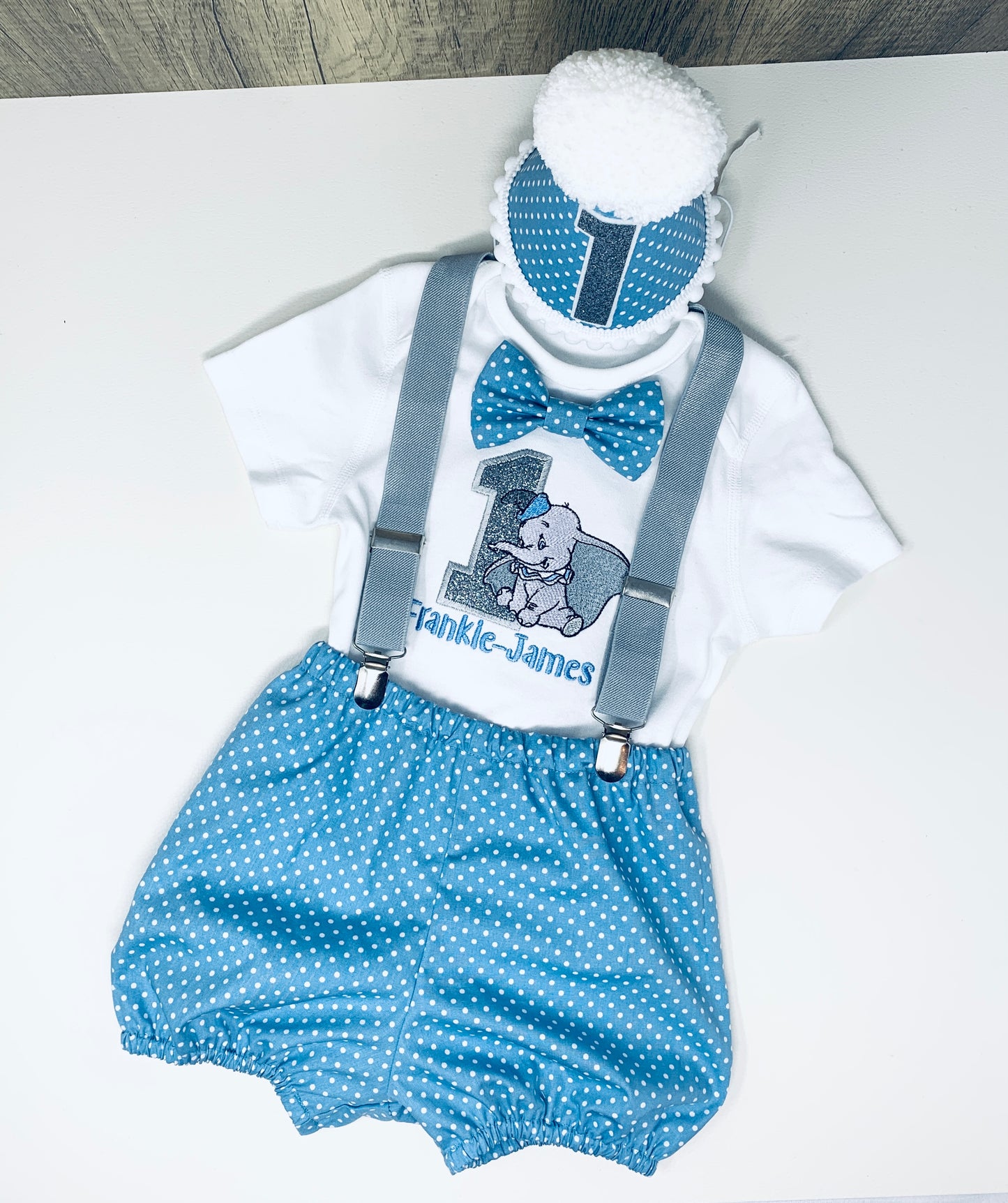 Dumbo Elephant Blue Polka Dot Boy's Birthday Cake Smash Party Outfit