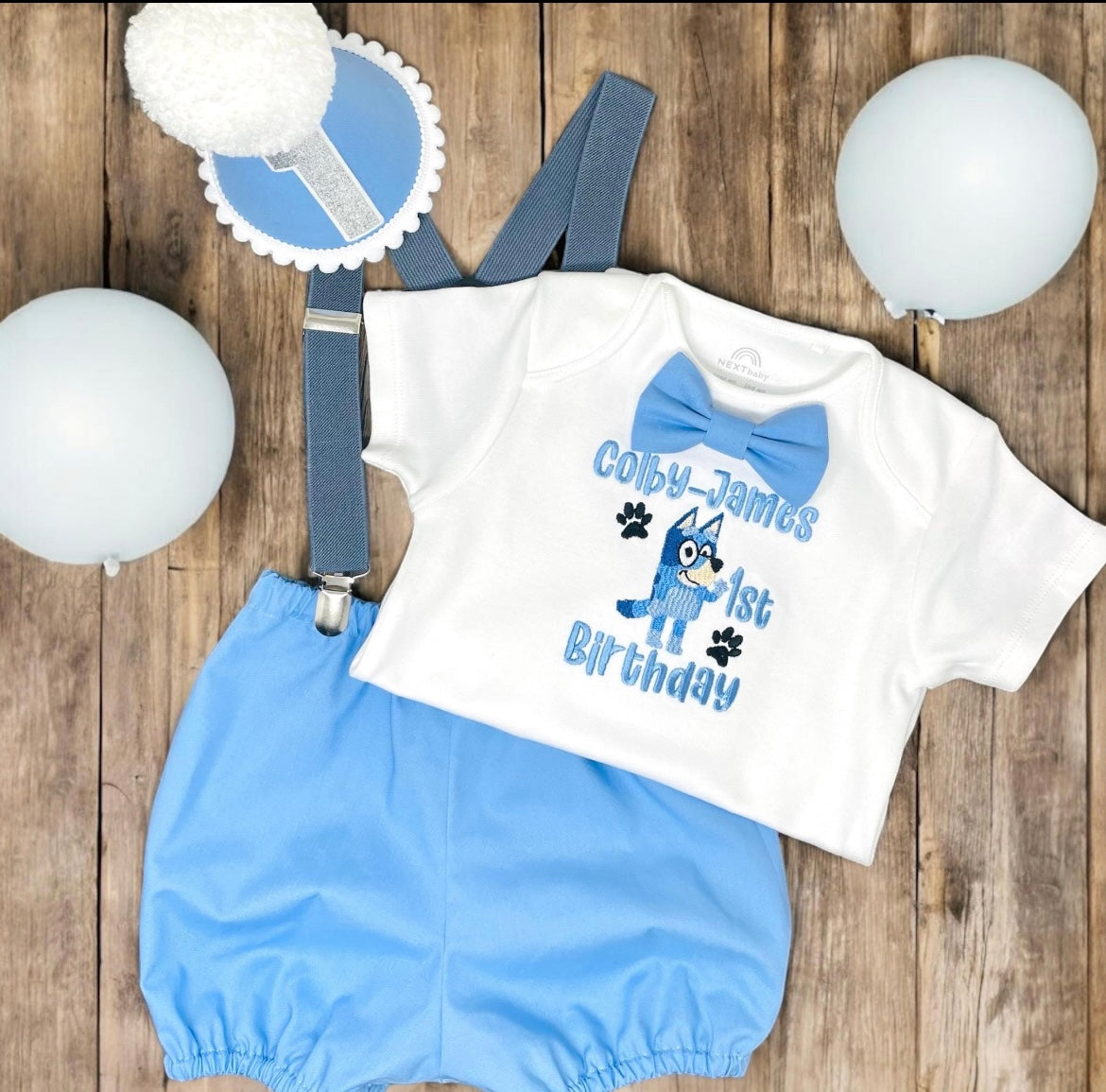 Bluey baby boy’s cake-smash party outfit