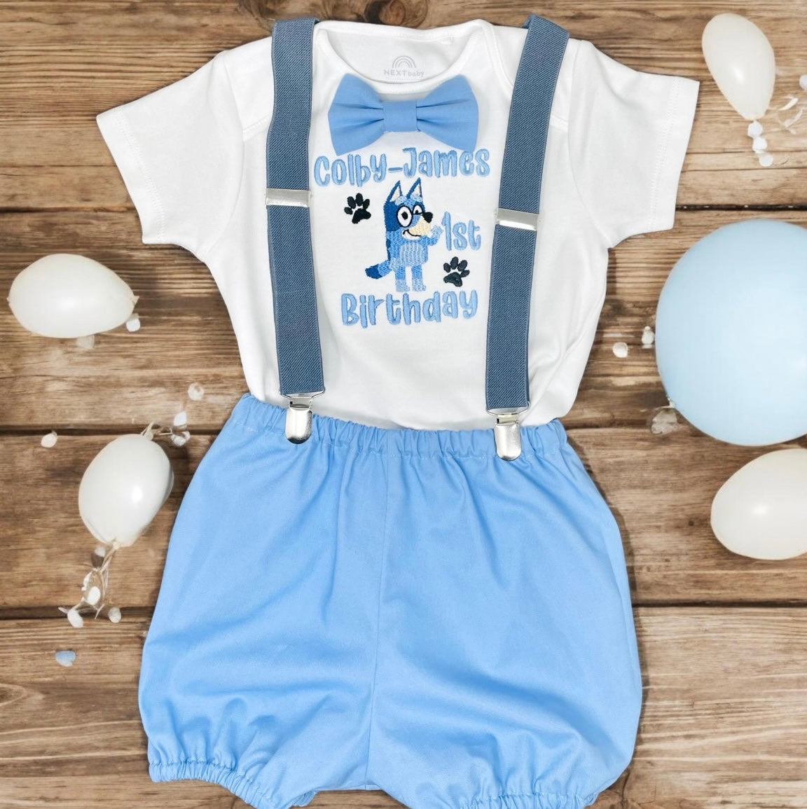 Bluey baby boy’s cake-smash party outfit