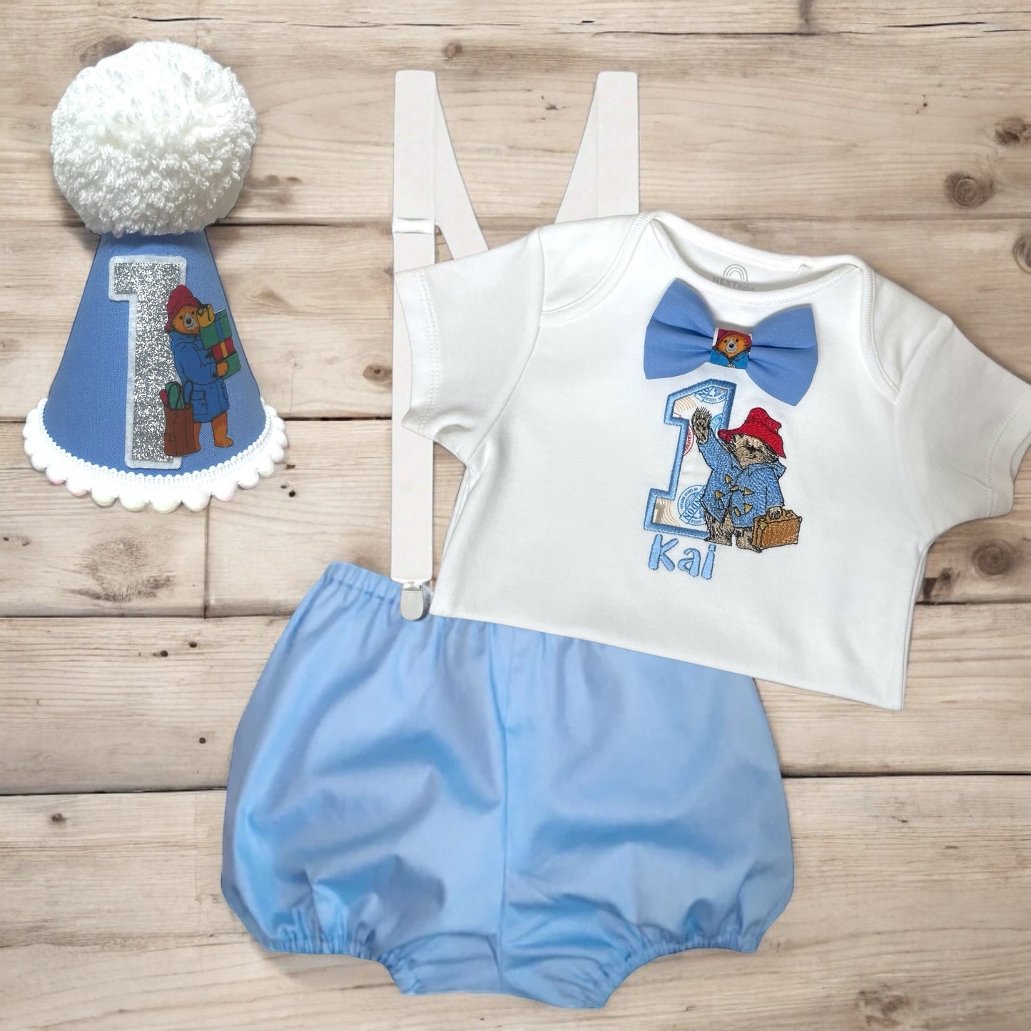 Classic Baby Blue Paddington baby boy’s cake-smash party outfit