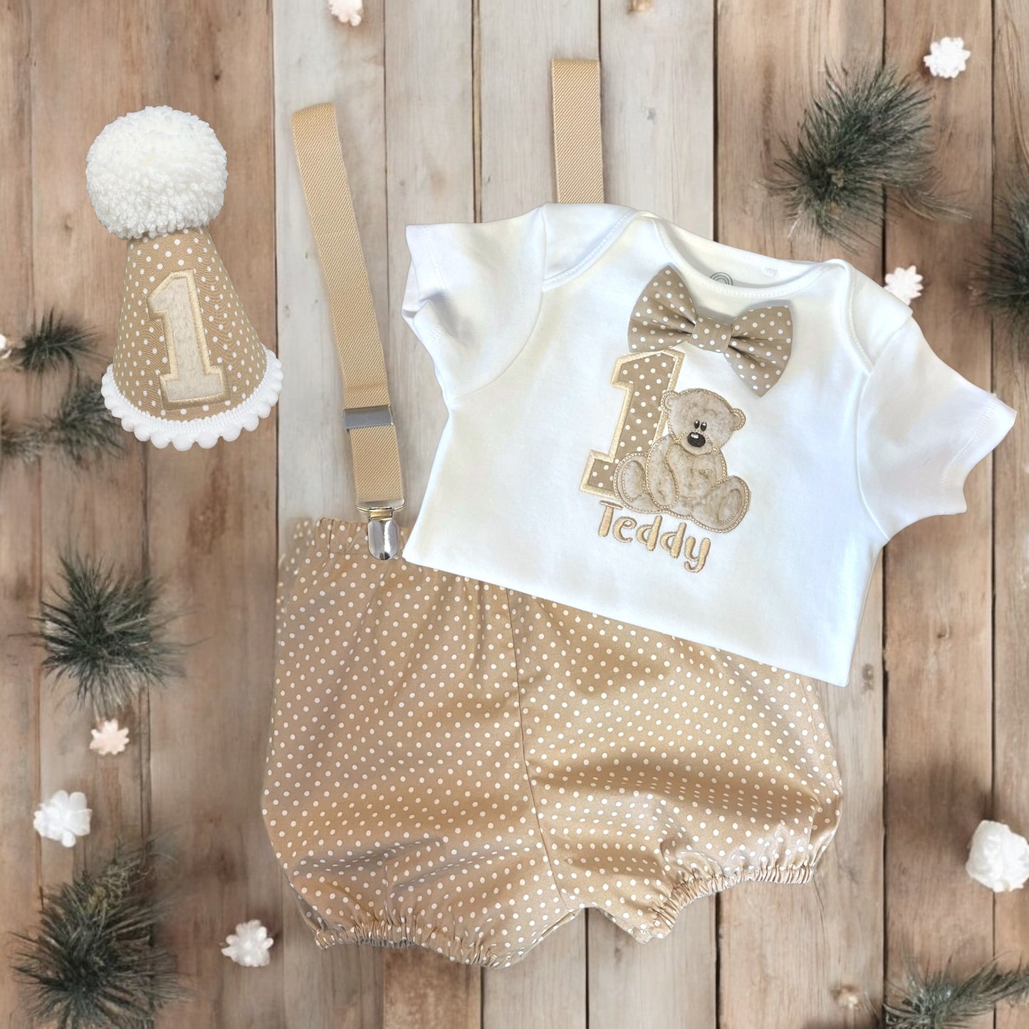 Teddy Bear Tan Polka Dot Sensory Birthday Cake Smash Party Outfit