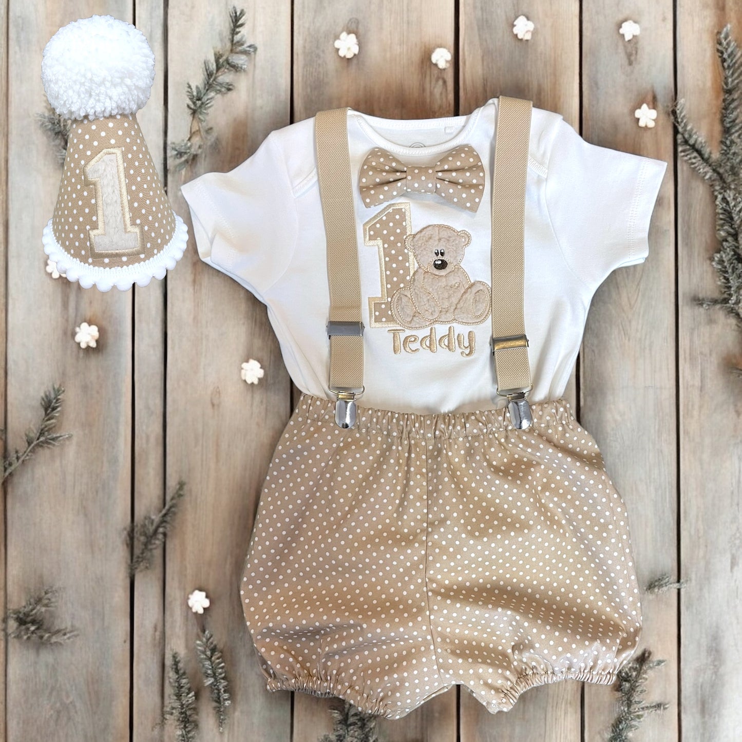 Teddy Bear Tan Polka Dot Sensory Birthday Cake Smash Party Outfit