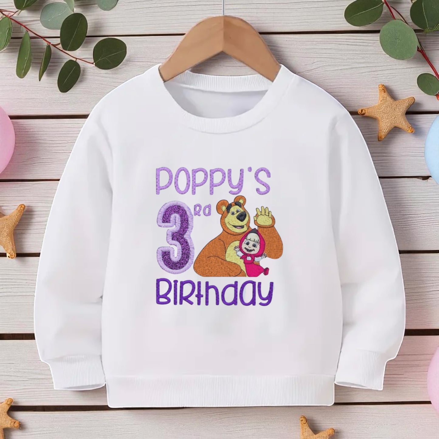 Masha and the Bear Birthday T-Shirt or Sweatshirt – Personalised Toddler Top with Name & Age – Baby Girl Cake Smash Outfit