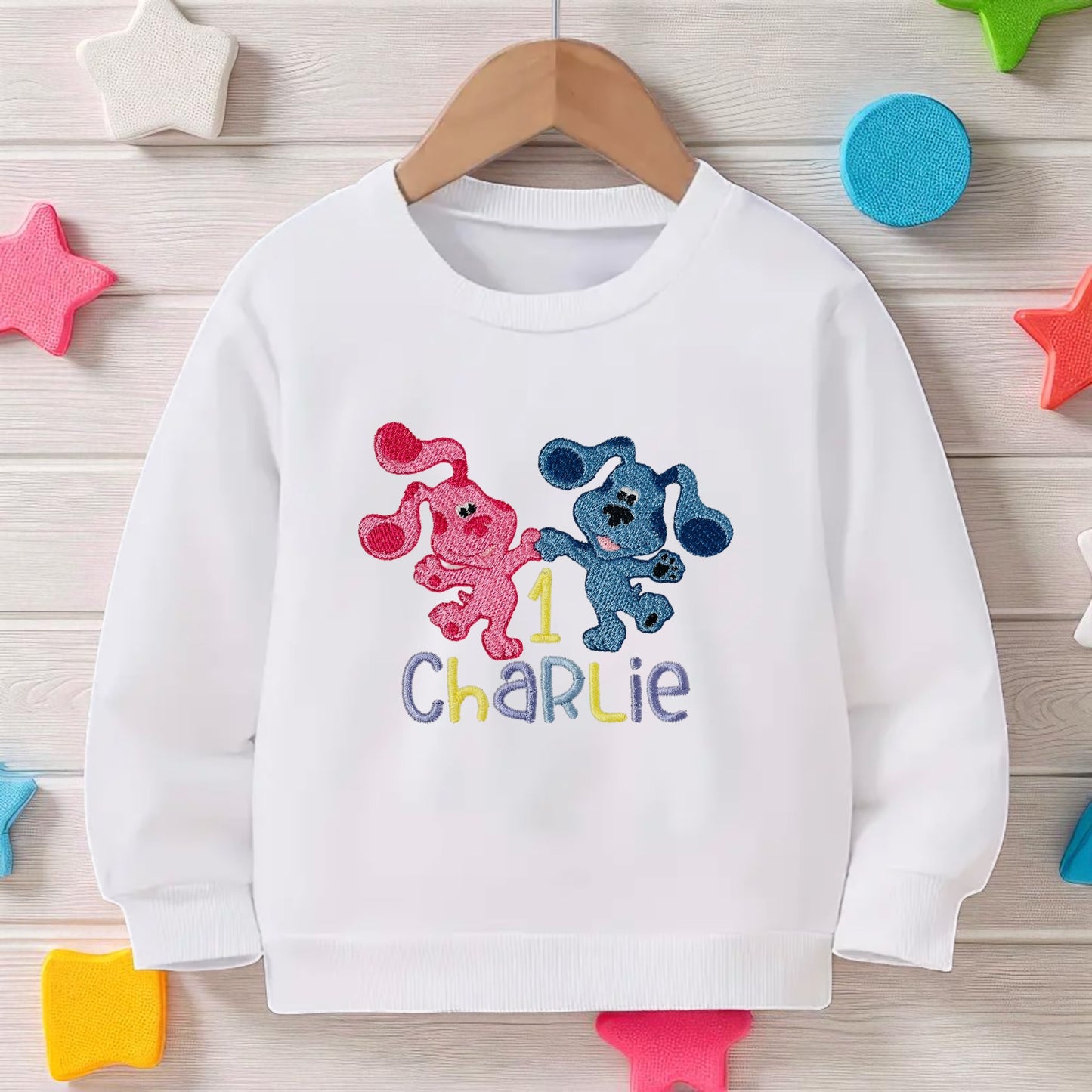 Blue's Clues Inspired Personalised Birthday T-shirt or Sweatshirt – Embroidered with Name Age – Baby & Toddler Cake Smash Top