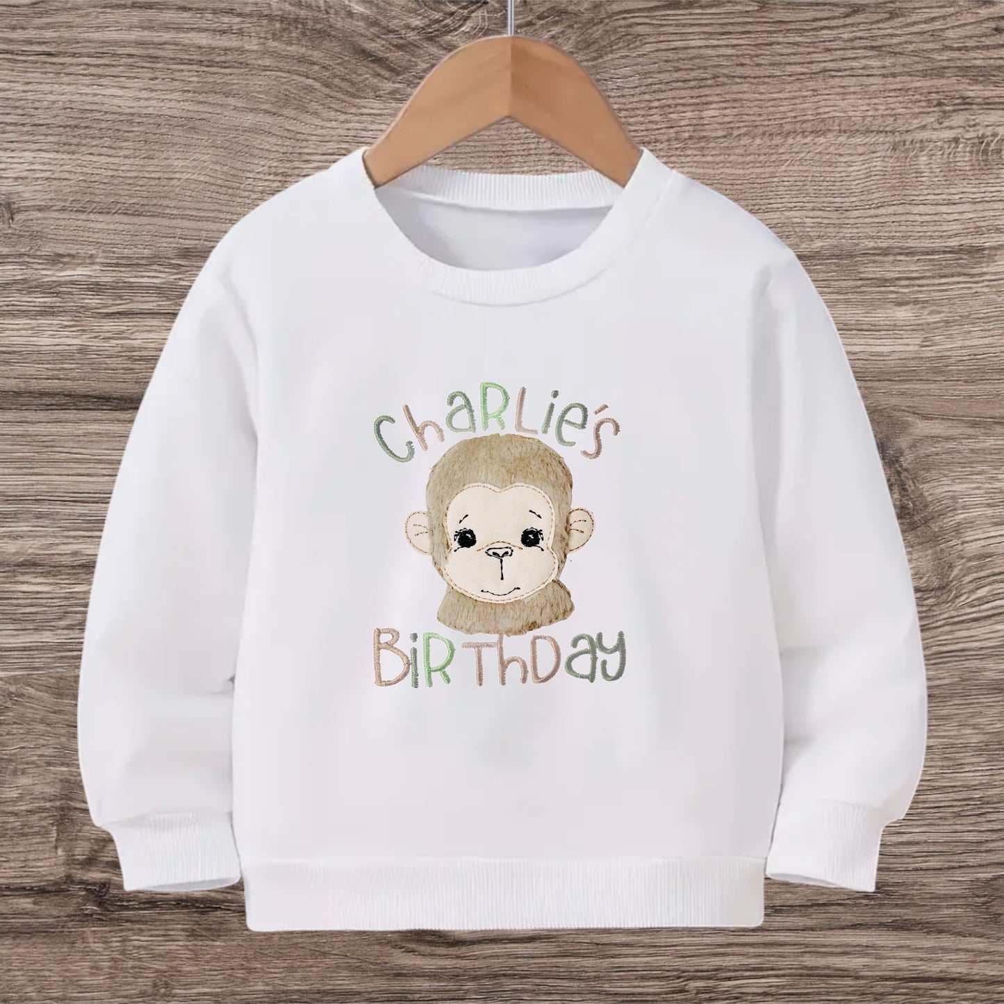 🐵 Personalised Monkey Birthday Jumper or T-Shirt – Made to Order with Raw-Edge Appliqué