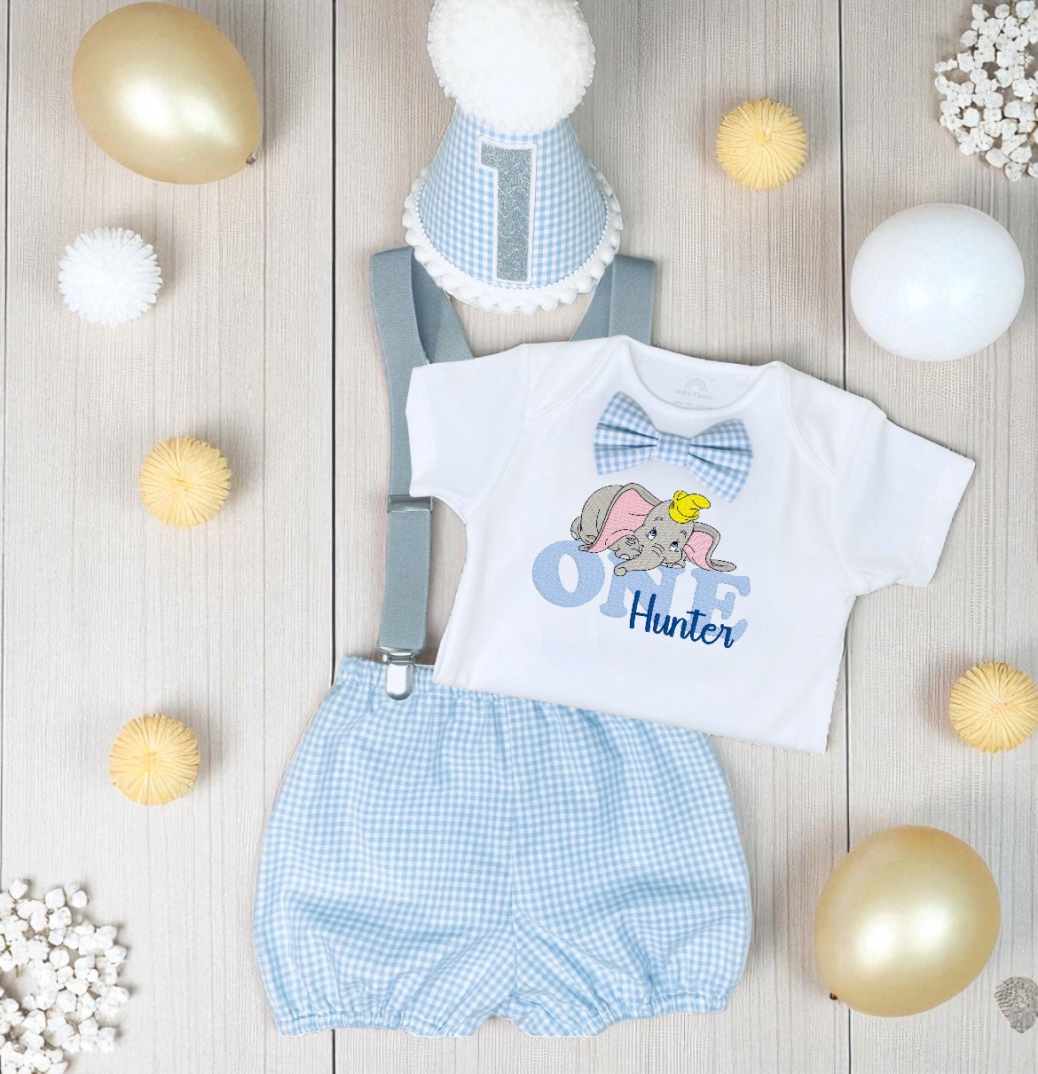 Personalised Dumbo Birthday Outfit – Cake Smash Set with Hat, Shorts, Braces & Embroidered Bodysuit – Baby Boy 1st Birthday Clothes