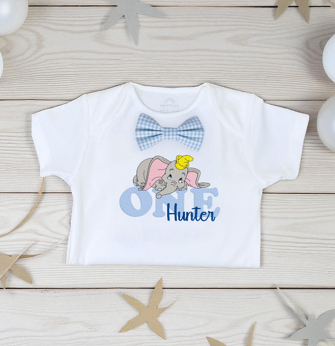 Personalised Dumbo Birthday Outfit – Cake Smash Set with Hat, Shorts, Braces & Embroidered Bodysuit – Baby Boy 1st Birthday Clothes