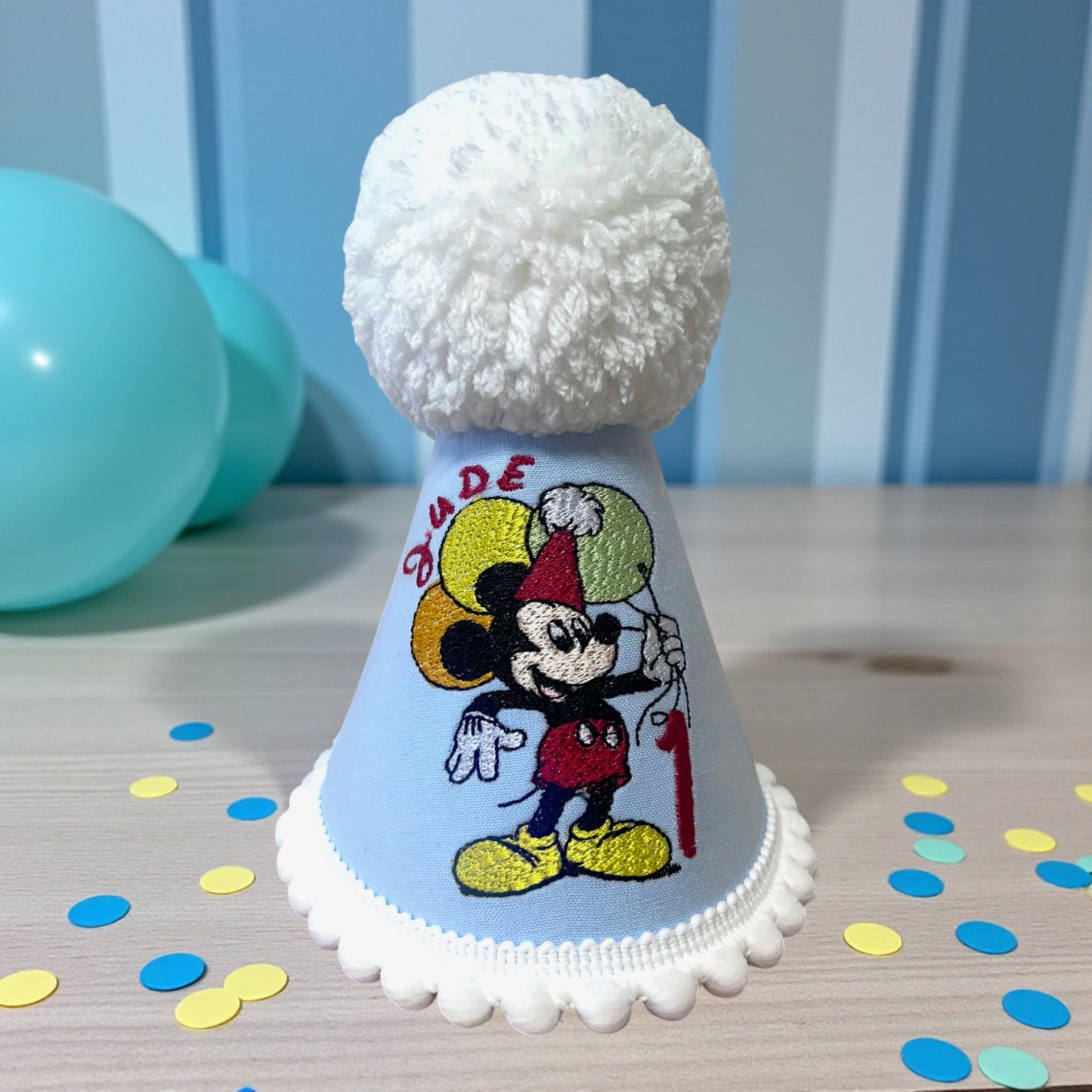 Mickey Mouse Birthday Party Hat – Personalised Baby or Toddler 1st Birthday Cake Smash Hat | Handmade Embroidered Party Accessory