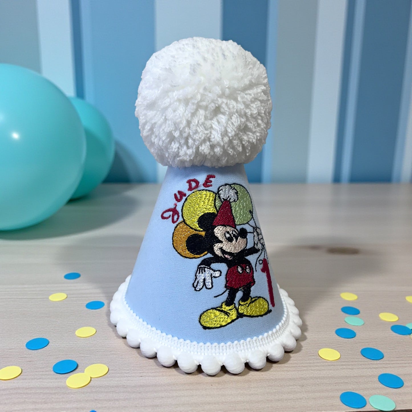 Mickey Mouse Birthday Party Hat – Personalised Baby or Toddler 1st Birthday Cake Smash Hat | Handmade Embroidered Party Accessory