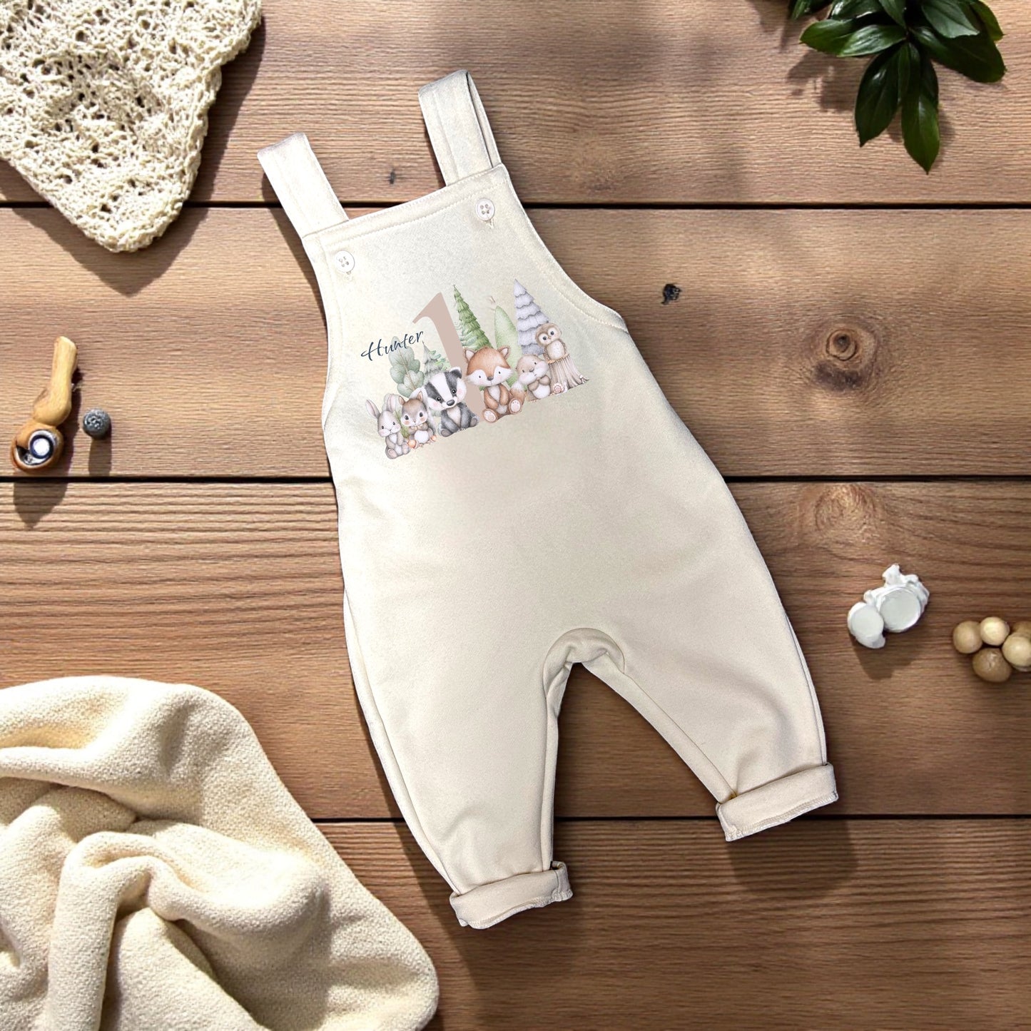 Personalised 1st Birthday Woodland Birthday Romper – Made to Order Baby Dungarees – Cotton Fleece Outfit for Cake Smash, Photoshoot or Gift