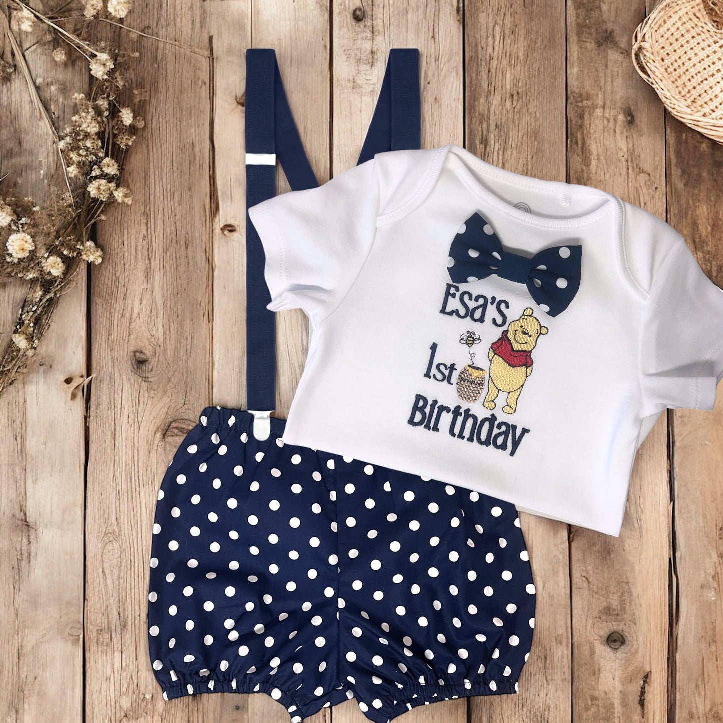 Winnie Pooh Bear Navy Blue Teddy Bear Baby Boy's Personalised 1st Birthday Cake Smash Party Outfit