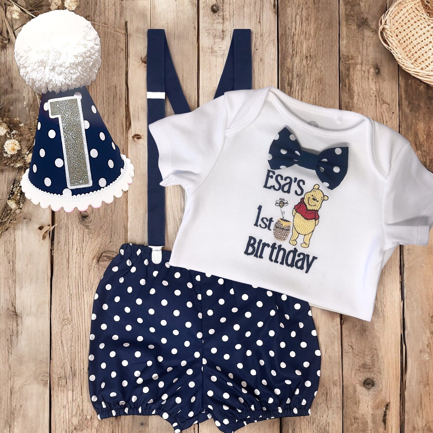 Winnie Pooh Bear Navy Blue Teddy Bear Baby Boy's Personalised 1st Birthday Cake Smash Party Outfit