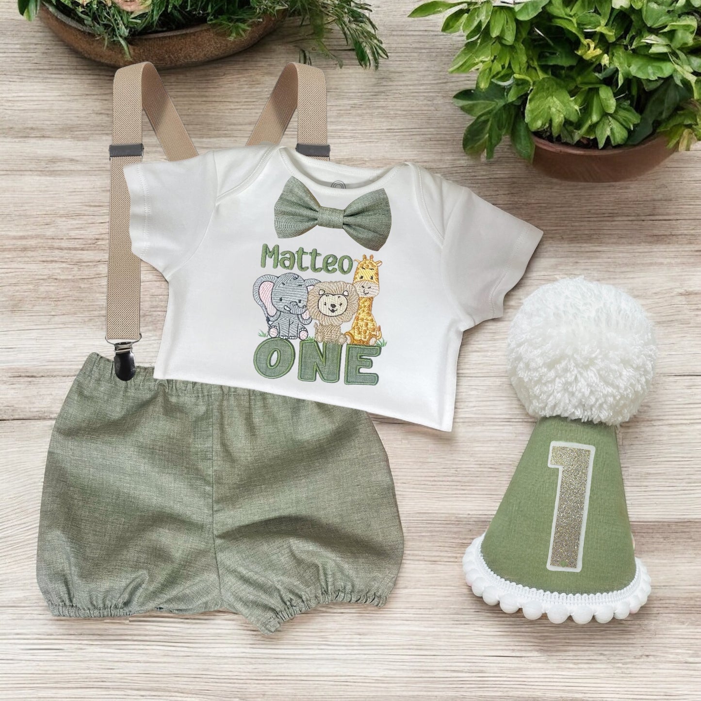 Sage Green Safari Jungle Birthday Cake Smash Party Outfit