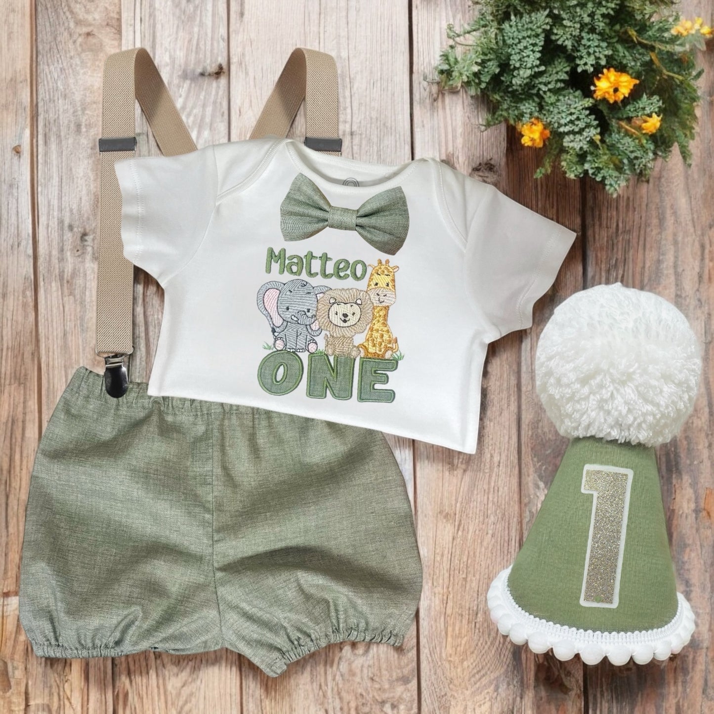 Sage Green Safari Jungle Birthday Cake Smash Party Outfit