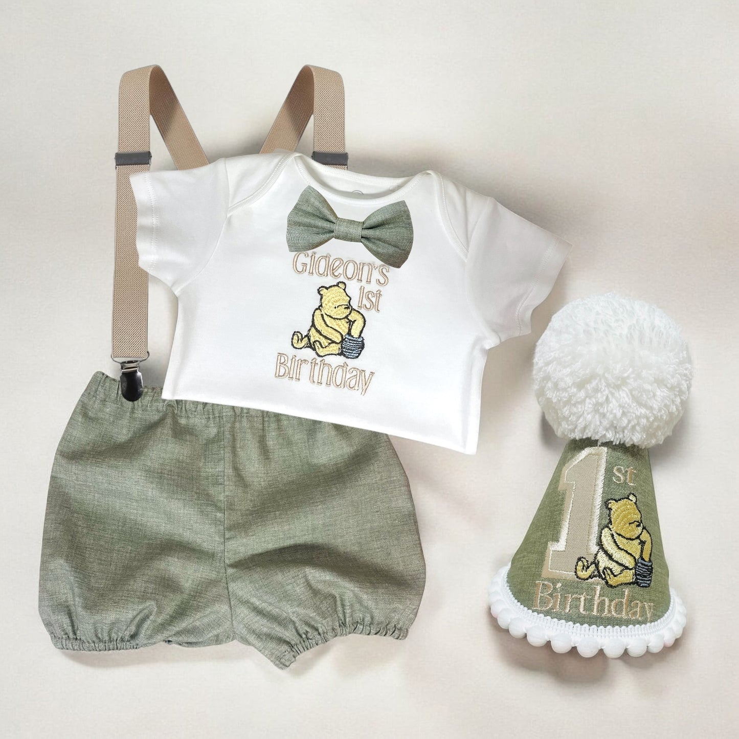Sage Green Classic Winnie the Pooh Boy's Personalised Neutral Outfit with embroidered hat