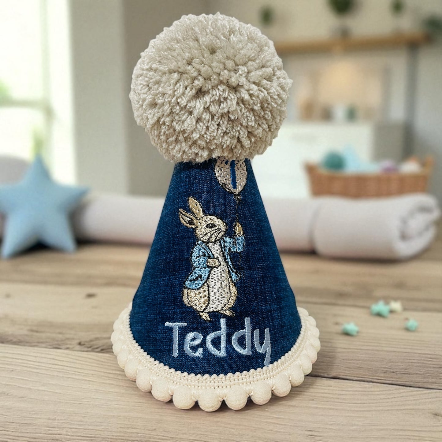 Baby Unisex Navy Peter Rabbit Birthday Cake-Smash Party Hat Pom-Pom 1st 2nd 3rd 4th 5th Birthday gift keepsake UK