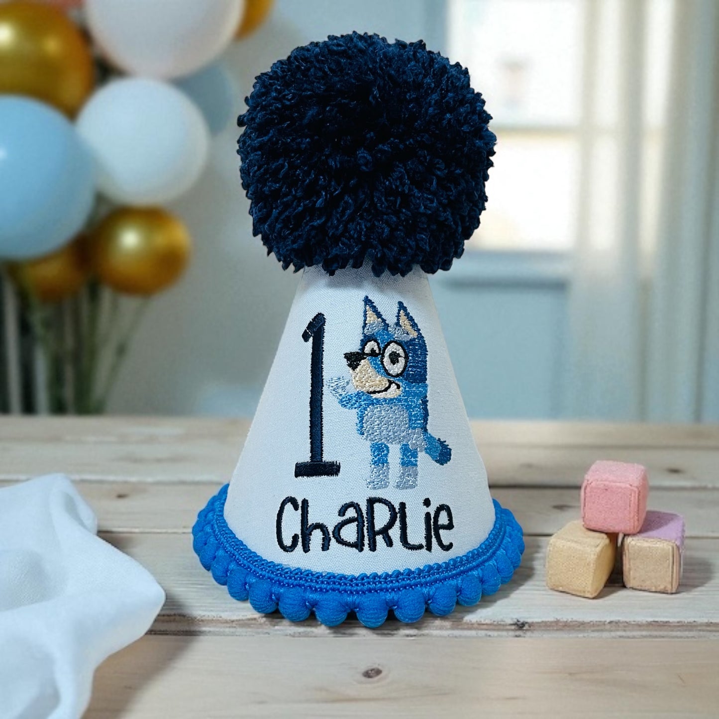 Baby Boy Bluey Dog Birthday Cake-Smash Party Hat Pom-Pom 1st 2nd 3rd 4th 5th Birthday gift keepsake UK