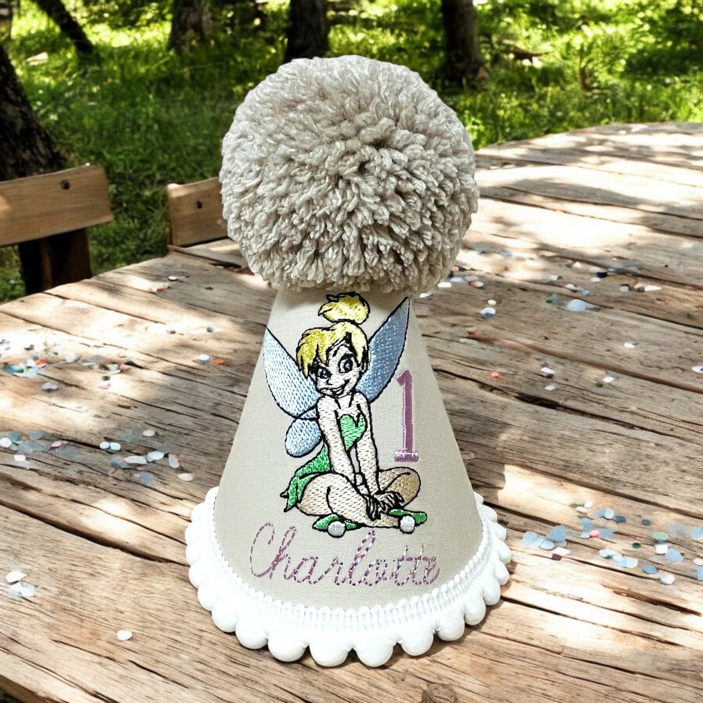 Personalised Tinkerbell Birthday Party Hat for Baby Girl, Toddler Cake Smash Hat with Name and Age, Handmade with Pompom