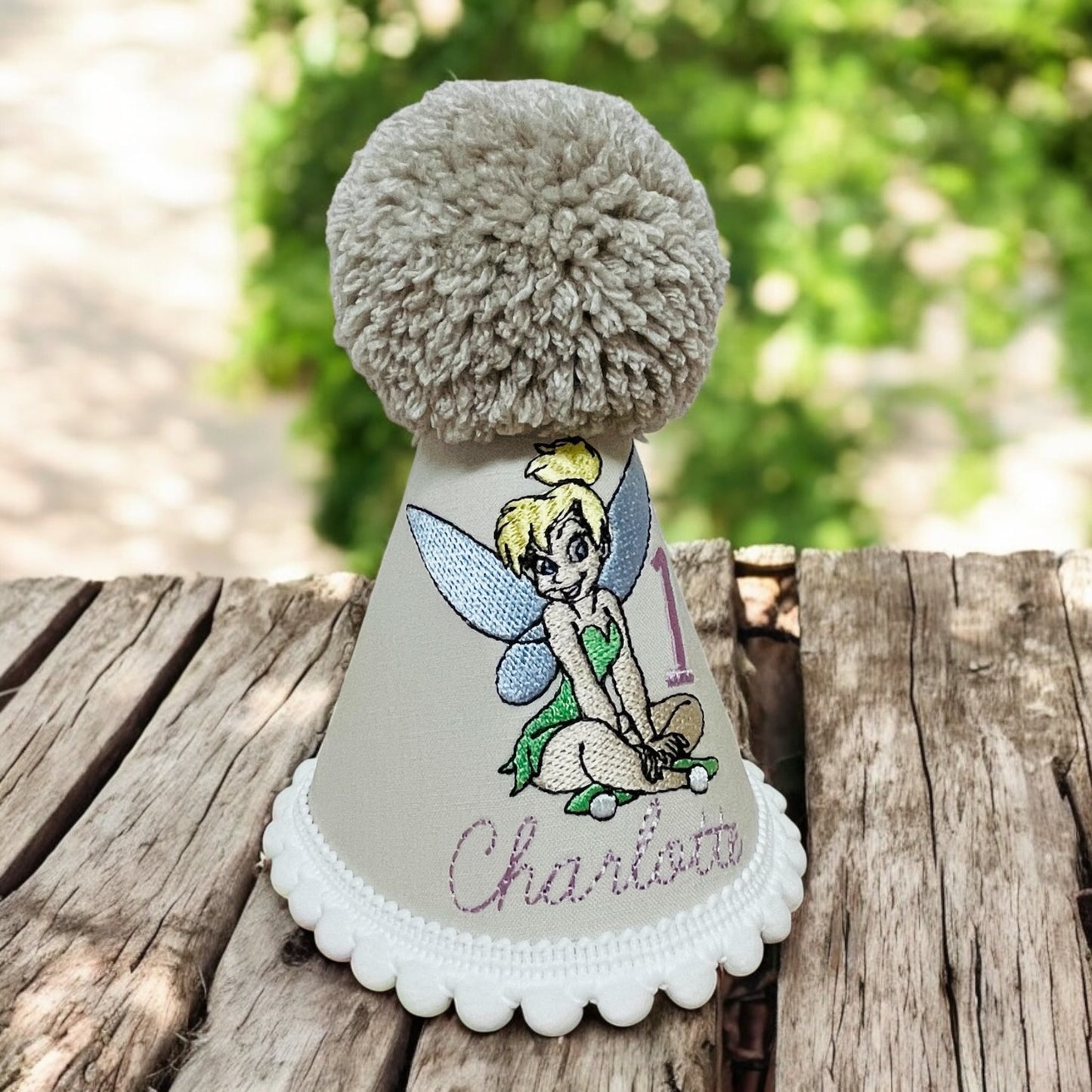 Personalised Tinkerbell Birthday Party Hat for Baby Girl, Toddler Cake Smash Hat with Name and Age, Handmade with Pompom