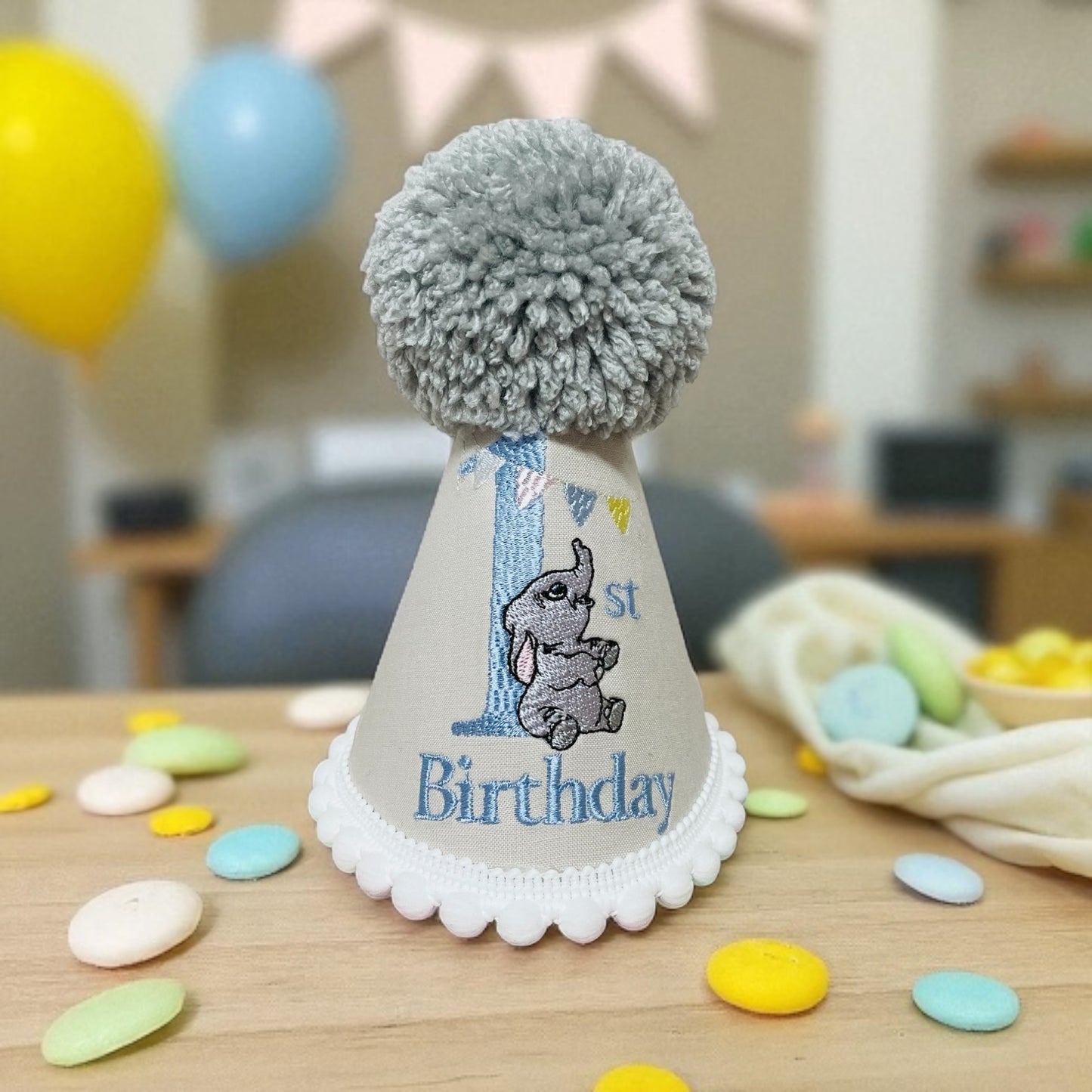 Personalised Dumbo 1st Birthday Party Hat for Baby Boy, Toddler Cake Smash Hat with Grey Pompom, Custom Handmade Keepsake