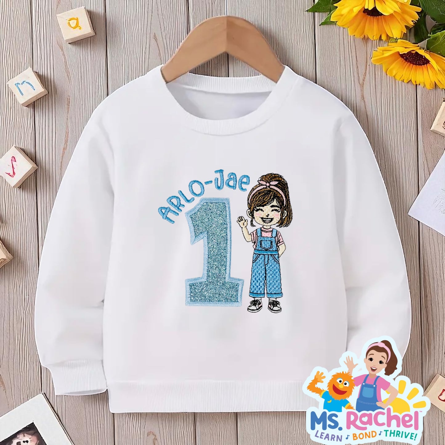 Ms Rachel Personalised Birthday T-shirt or Sweatshirt – Embroidered with Name Age, Character-Inspired Design – Baby & Toddler Cake Smash Top