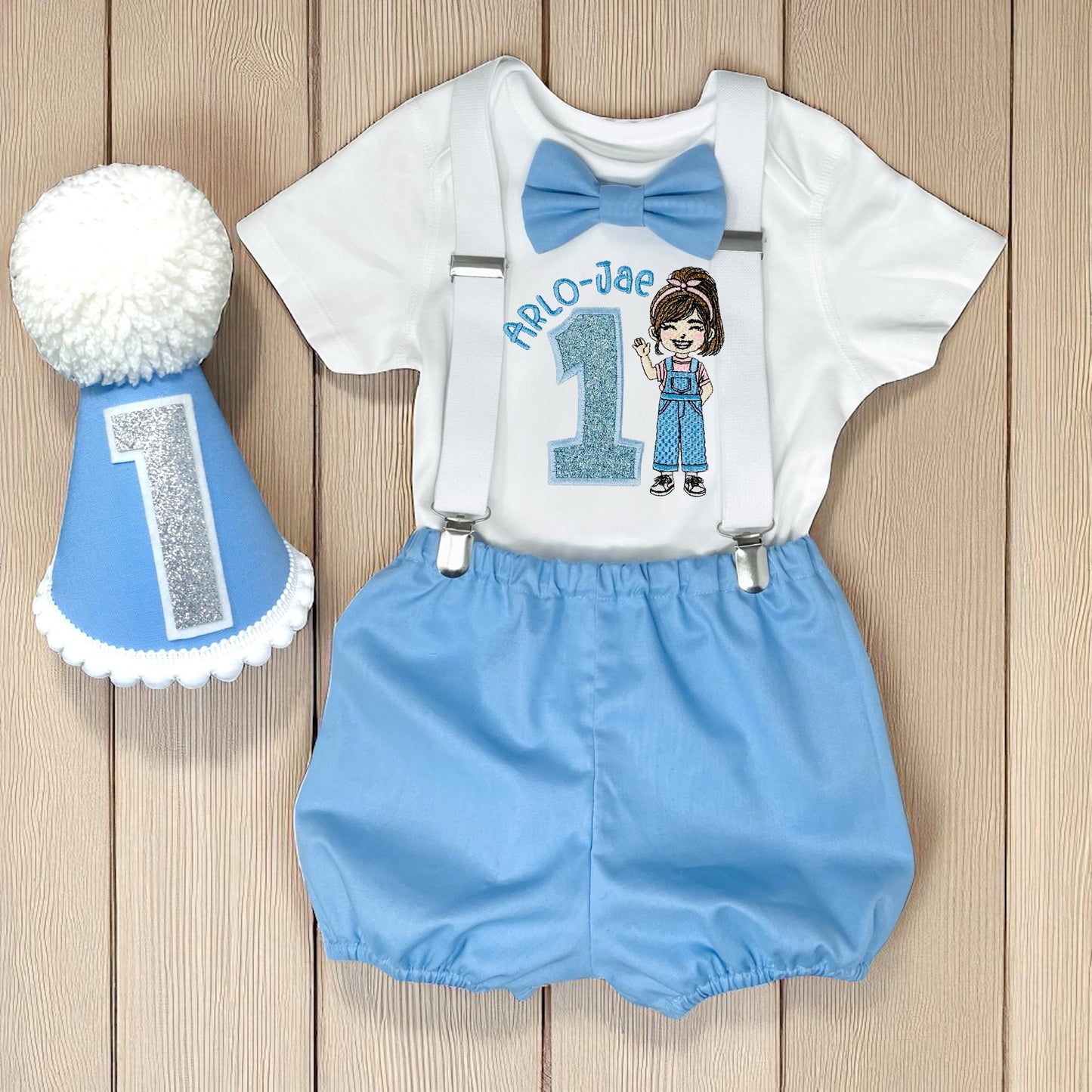 Personalised Ms Rachel Birthday Outfit – Cake Smash Bodysuit with Name & Age, Blue Bloomers, Braces & Party Hat – Also Available T-shirt or Sweatshirt