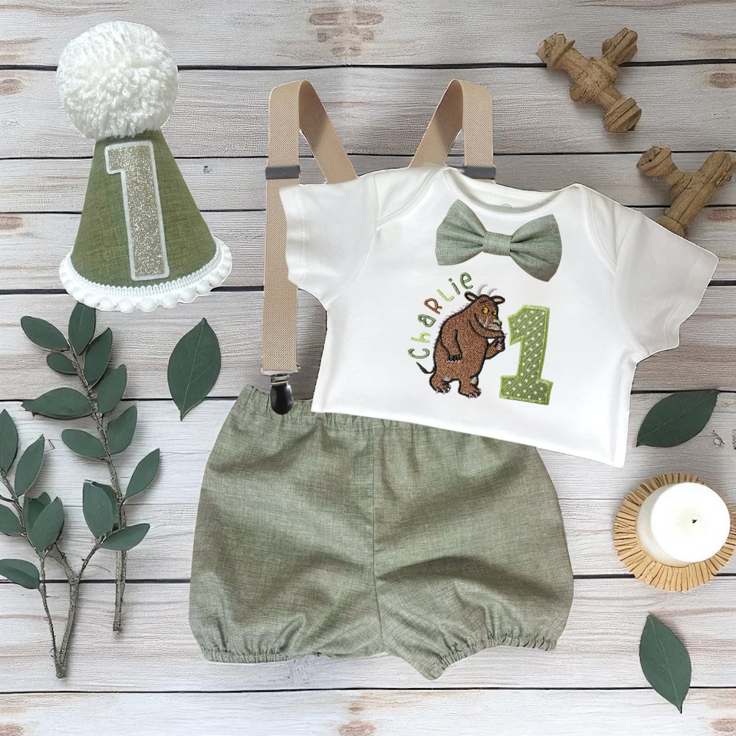 Gruffalo Inspired Birthday Outfit – Personalised Cake Smash Set or T-shirt/Sweatshirt – Baby 1st Birthday Clothes, Name & Age Embroidery