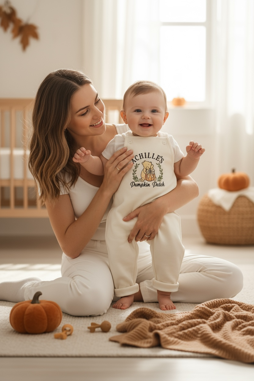 Winnie the Pooh Pumpkin Patch Baby Outfit – Autumn Dungarees with Embroidered Design – Fall Baby Clothes – Toddler Seasonal Outfit