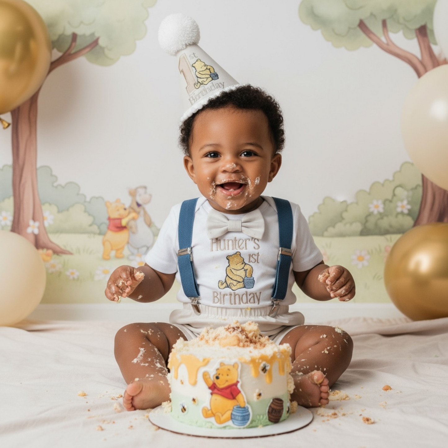 Winnie The Pooh Outfit | Neutral Baby Birthday Clothes With Suspender Braces & Embroidered Hat