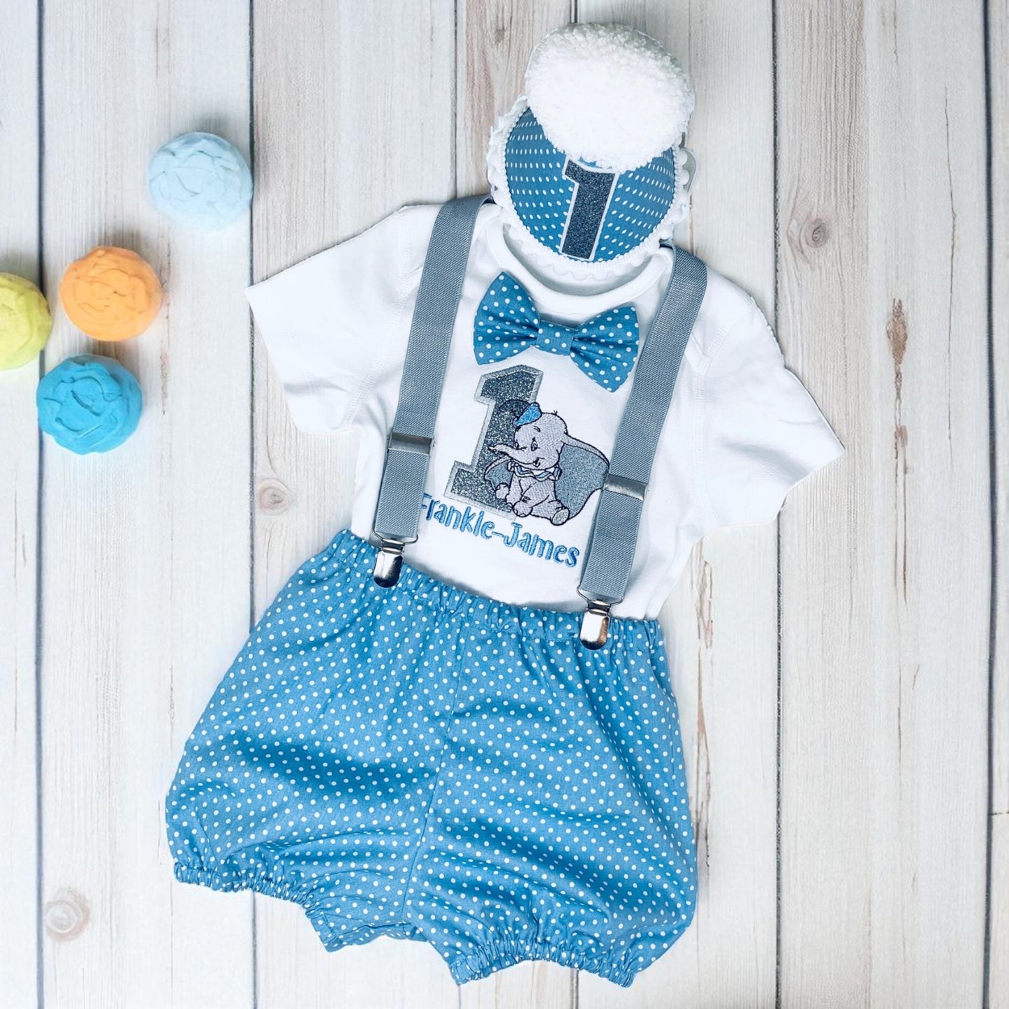 Dumbo Cake Smash Outfit – Blue Polka Dot Baby Boy Party Clothes with Custom Embroidered Vest