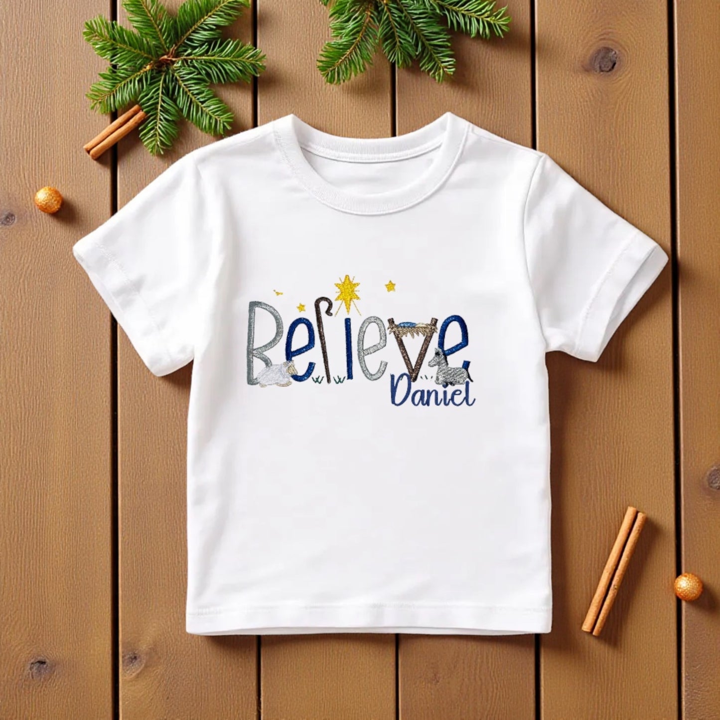 ⭐ Personalised “Believe” Christmas Jumper – Made to Order with Embroidered Nativity Scene | Custom Festive Sweater for Children