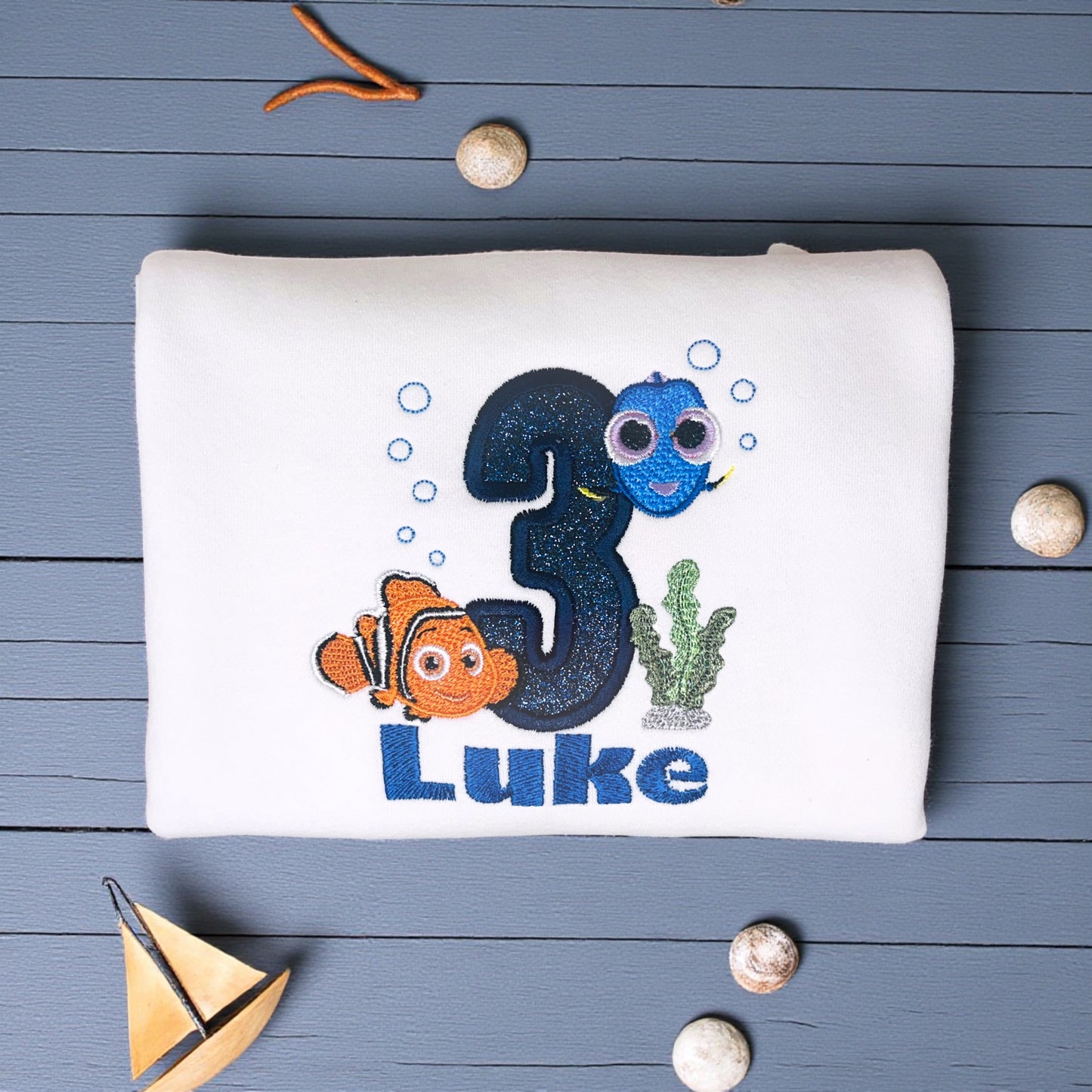 Personalised Toddler Sweatshirt with Pixar Finding Nemo Dory Design Custom Embroidered Name Birthday Number Cosy & Adorable Birthday Outfit