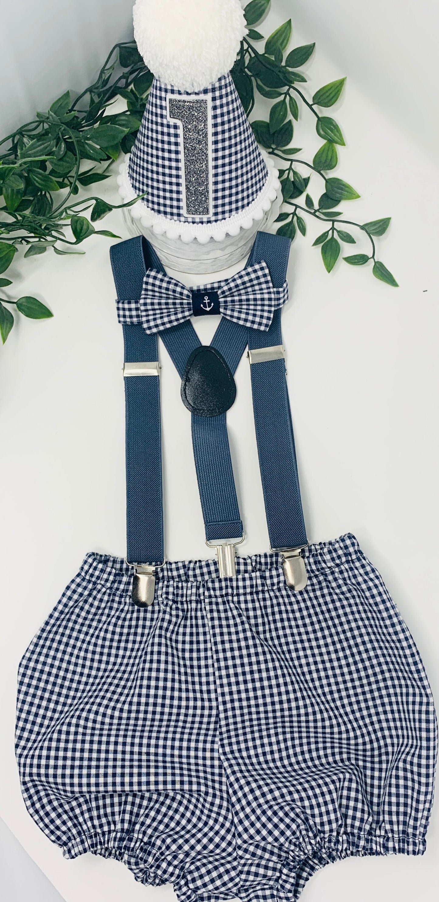 Boys Cake Smash Outfit - Navy Gingham Baby Boy Birthday Set With Party Hat