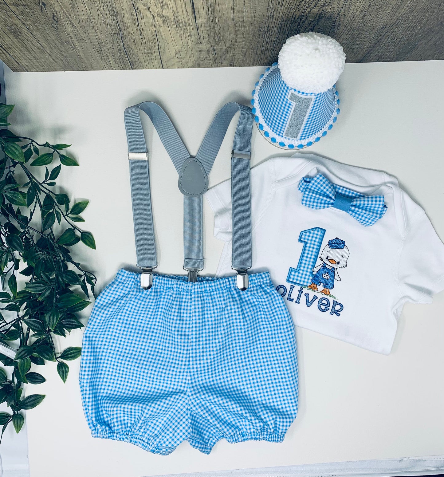 Cute Baby Duck Gingham Birthday Cake Smash Party Outfit