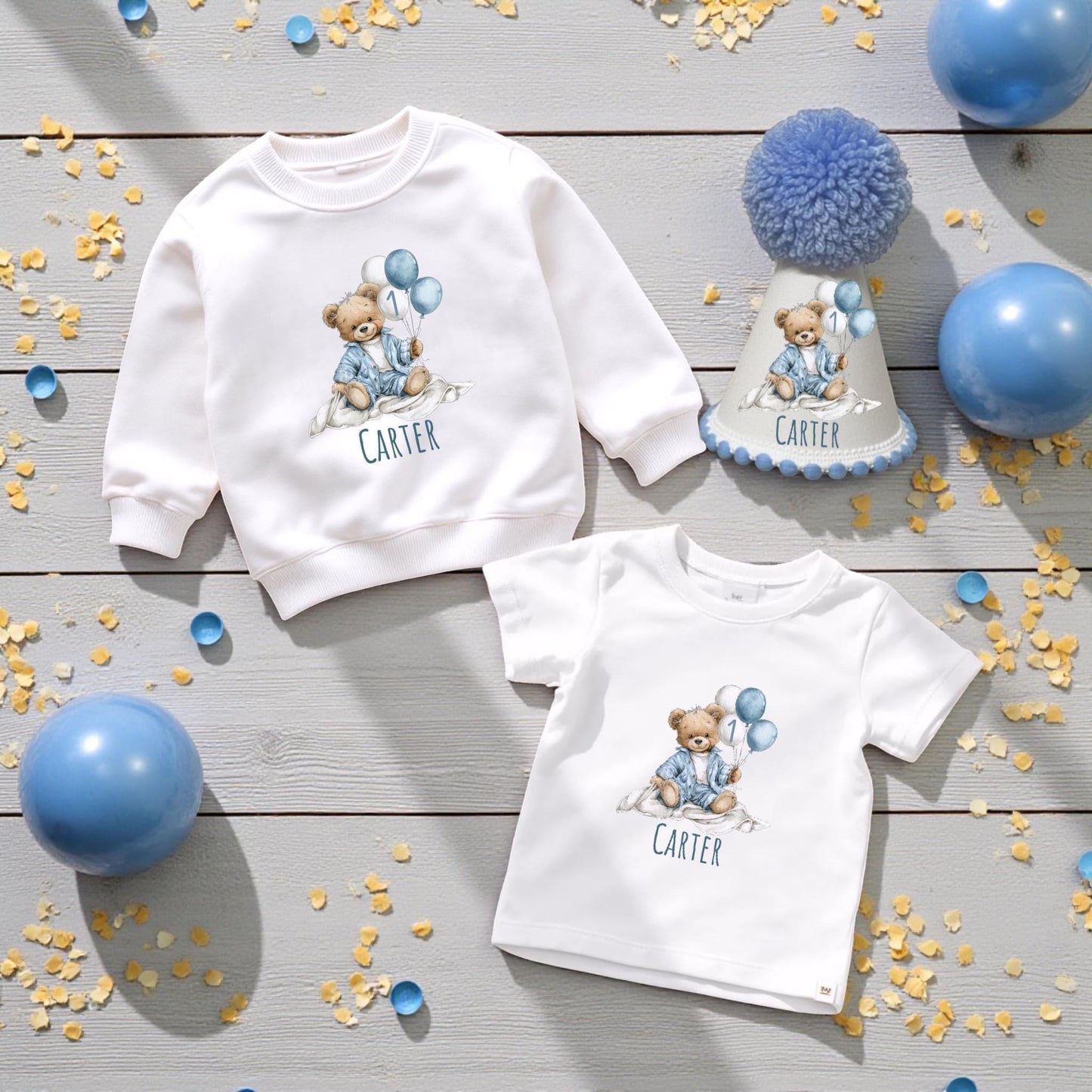 Personalised Birthday Top - Blue Bear 1st Birthday Outfit With Handmade Hat