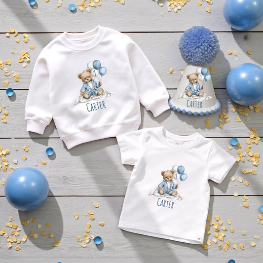 Personalised Birthday Top - Blue Bear 1st Birthday Outfit With Handmade Hat