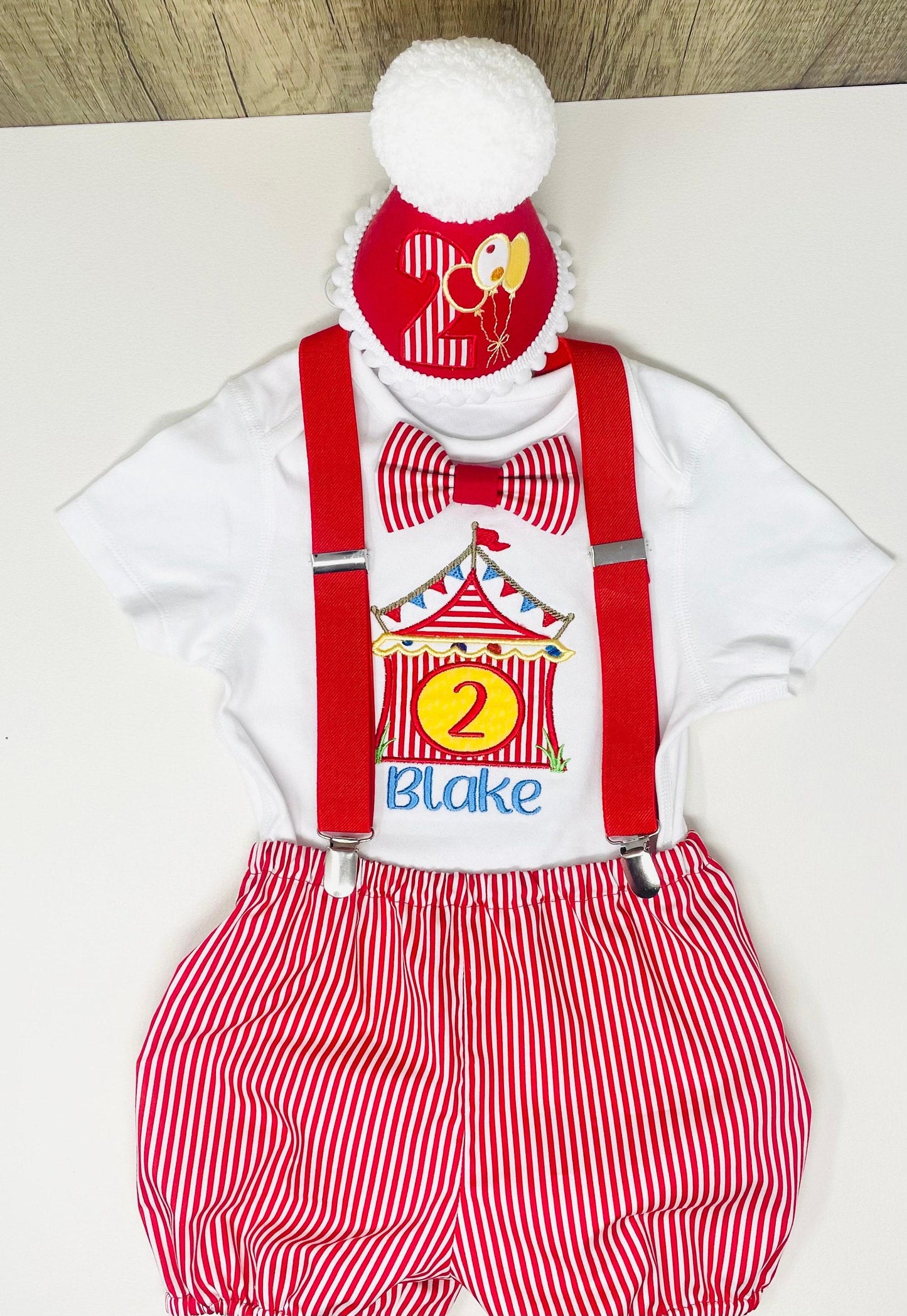 Personalised Circus Birthday Outfit – Red Stripe Cake Smash Set