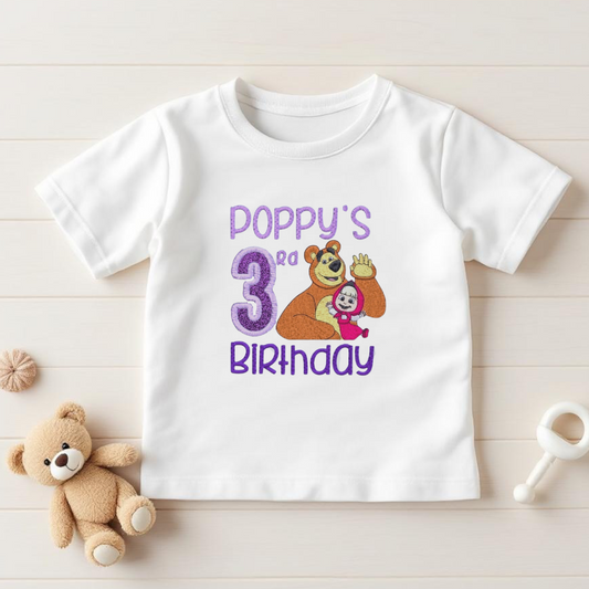Masha and the Bear Birthday T-Shirt or Sweatshirt – Personalised Toddler Top with Name & Age – Baby Girl Cake Smash Outfit