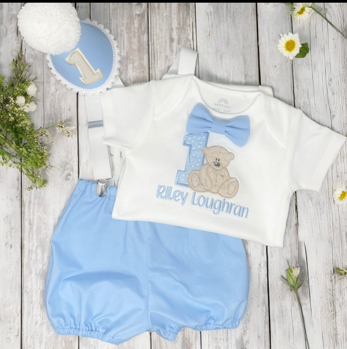 Baby Blue Teddy Bear Sensory Birthday Cake Smash Party Outfit