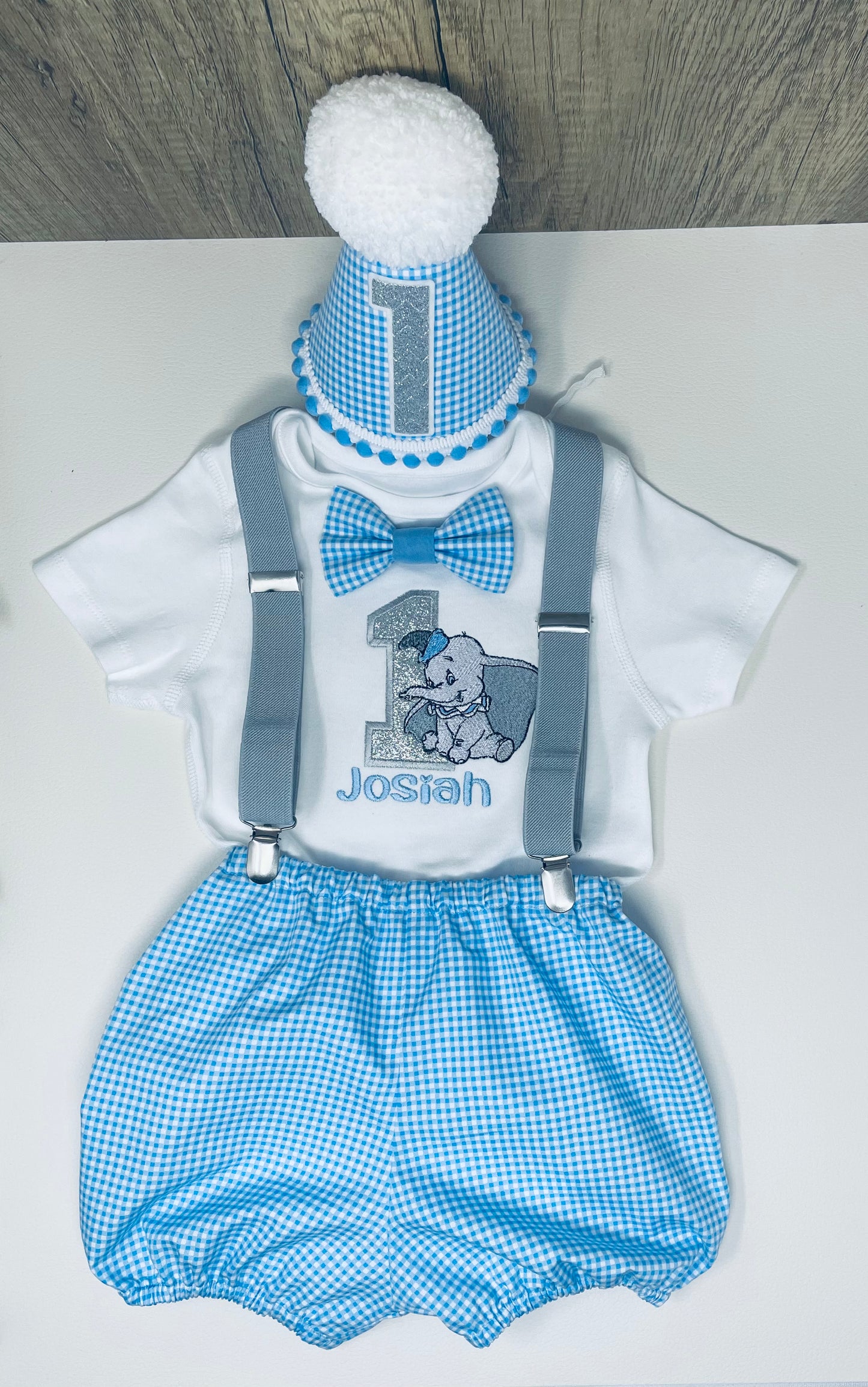 Dumbo Elephant Blue Gingham Boy's Birthday Cake Smash Party Outfit