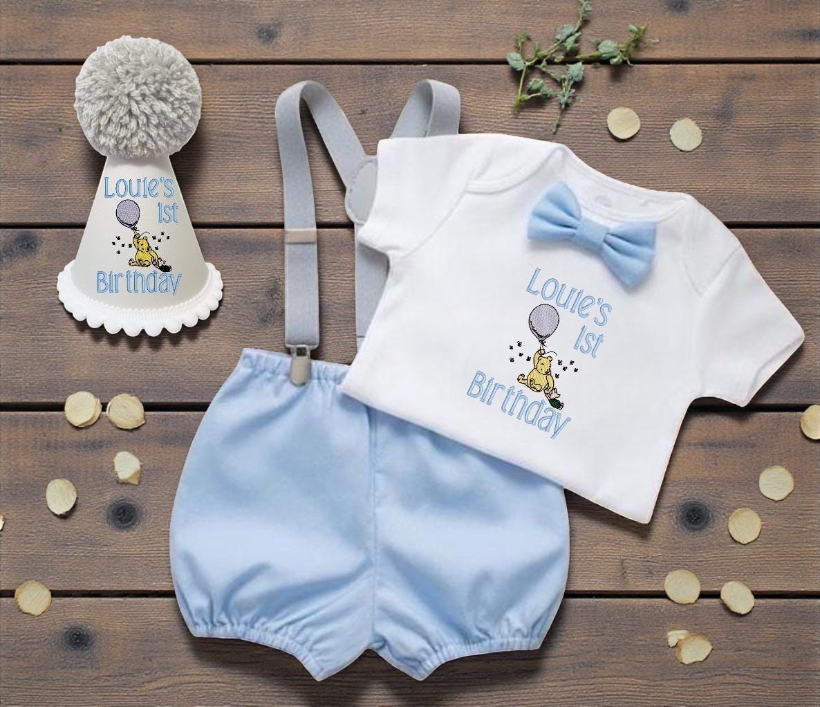 Winnie The Pooh Birthday Outfit – Personalised Blue Baby Boy Cake Smash Set