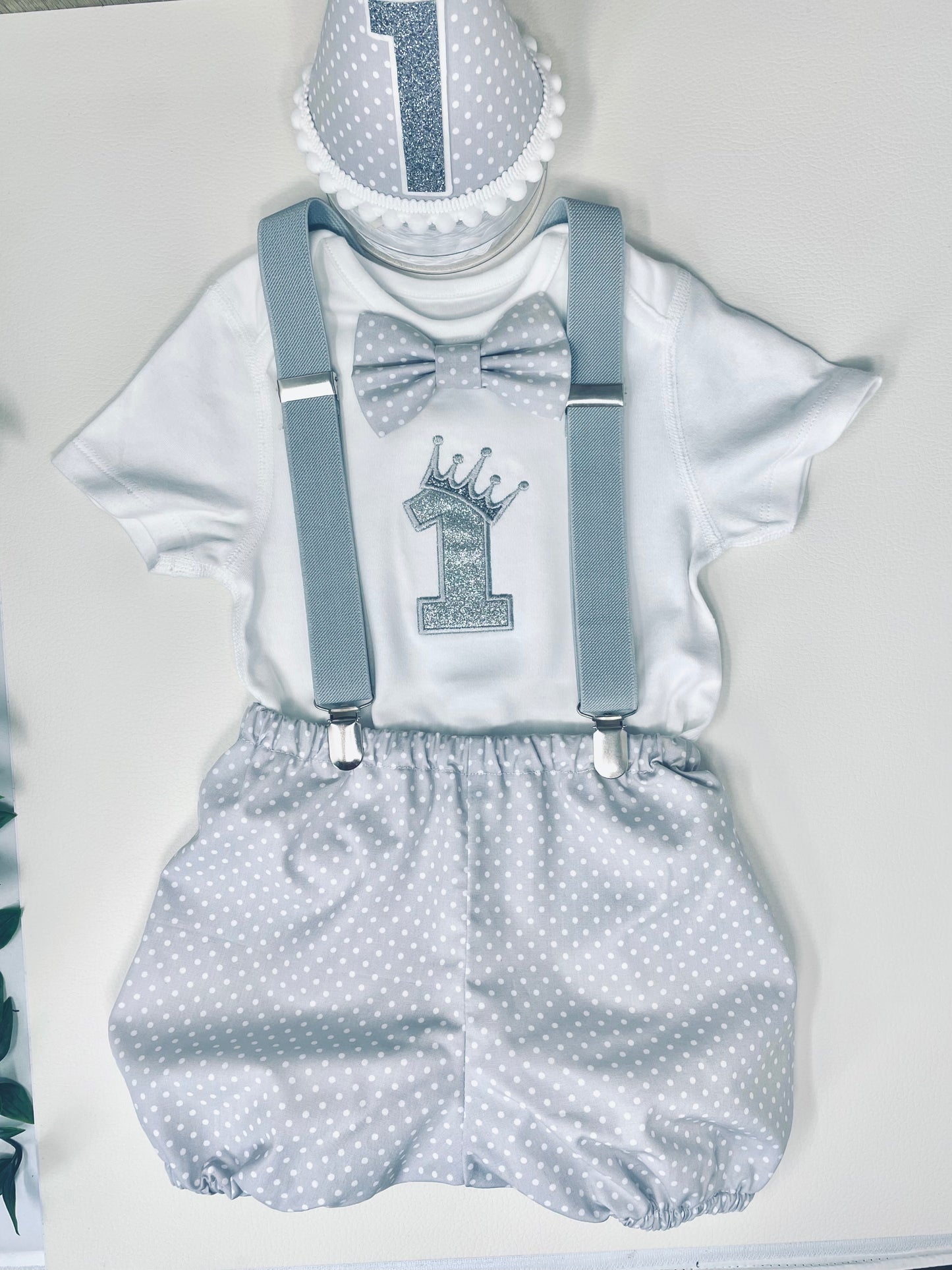 Grey Crown Polka Dot Boy's Birthday Cake Smash Party Outfit