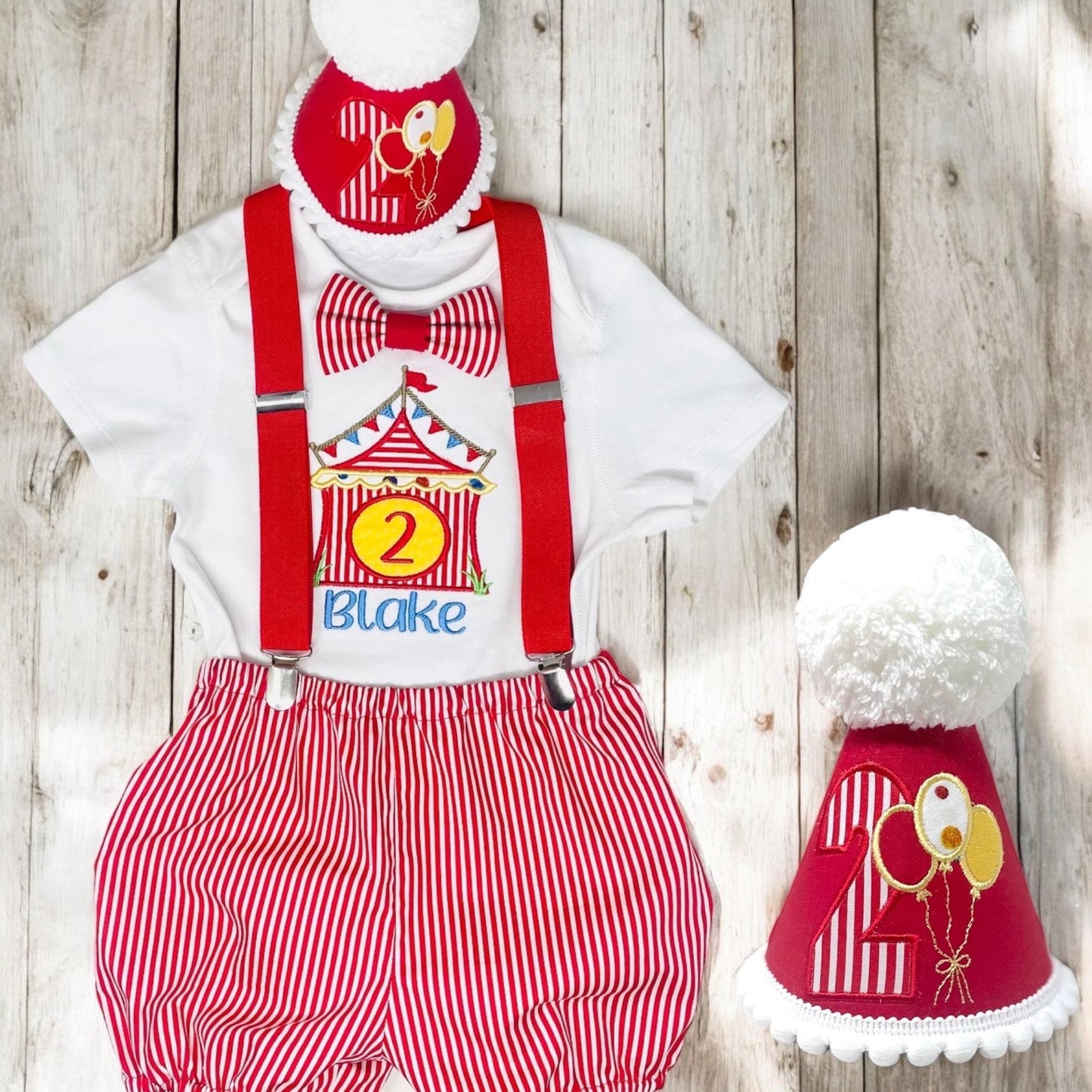 Personalised Circus Birthday Outfit – Red Stripe Cake Smash Set