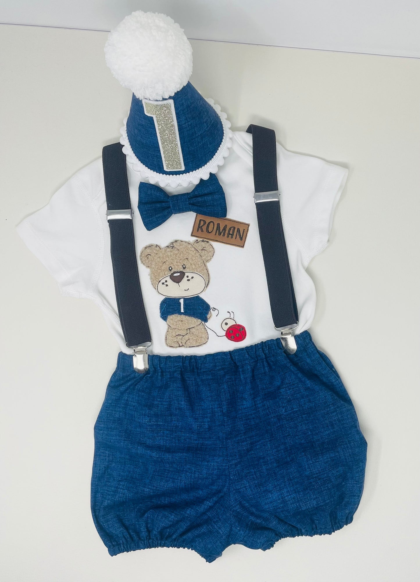 Personalised Sensory Teddy Ladybird Navy Linen Cotton Baby & Toddler Boy's 1st Birthday Cake Smash Party Outfit - bloomers shorts bow hat UK