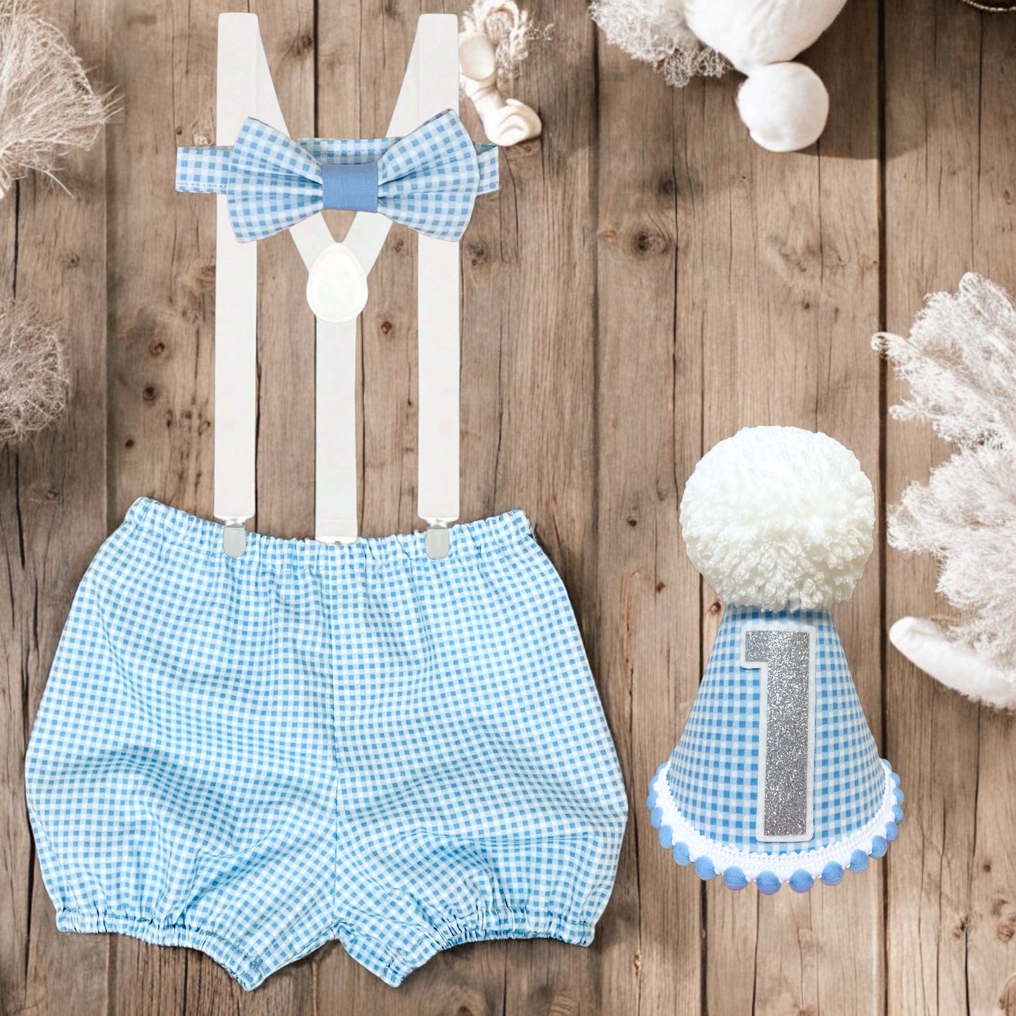 Blue Gingham Birthday Cake Smash Party Outfit