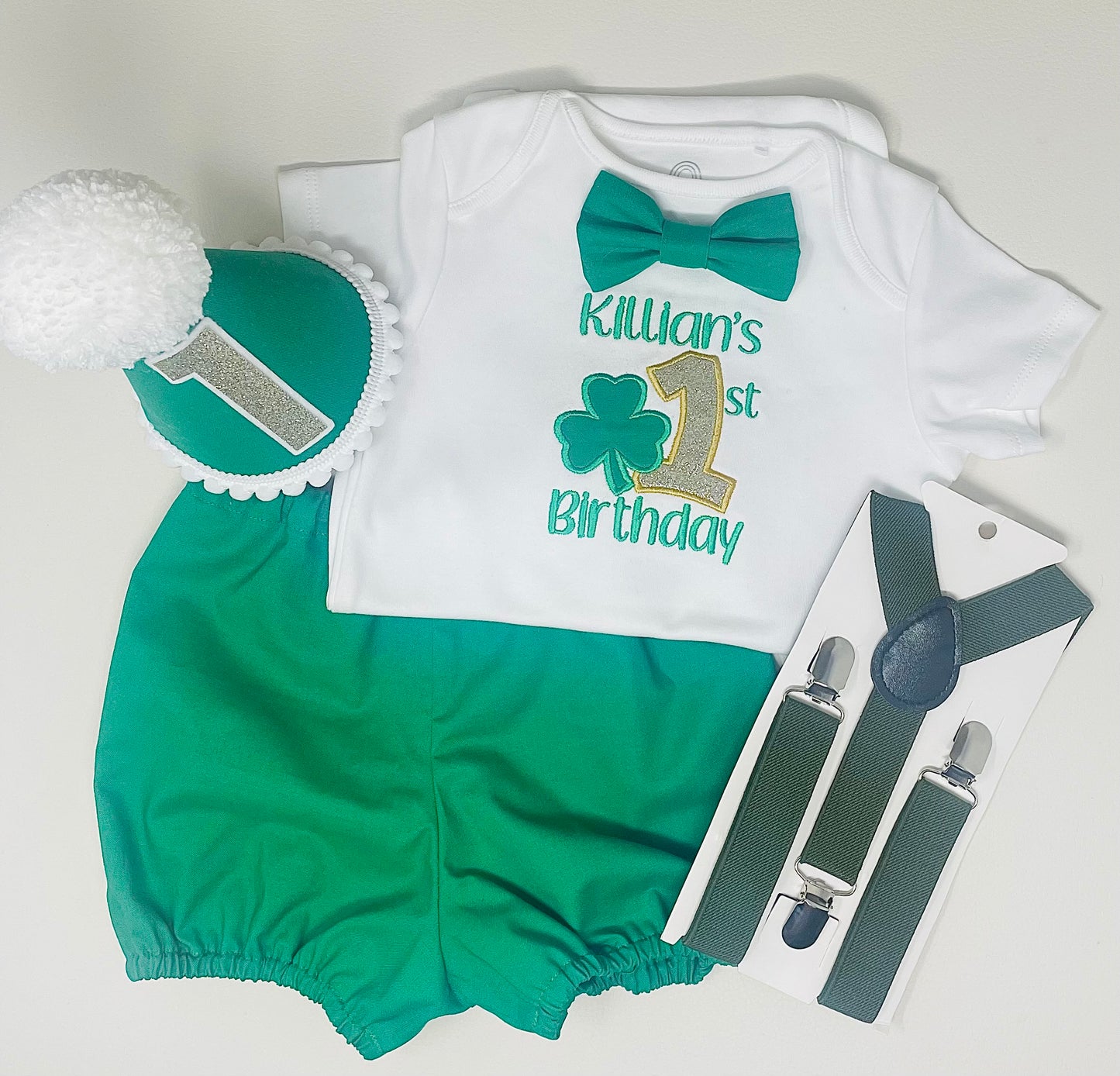 Emerald Green & Gold Irish Shamrock Boy's Birthday Cake Smash Party Outfit